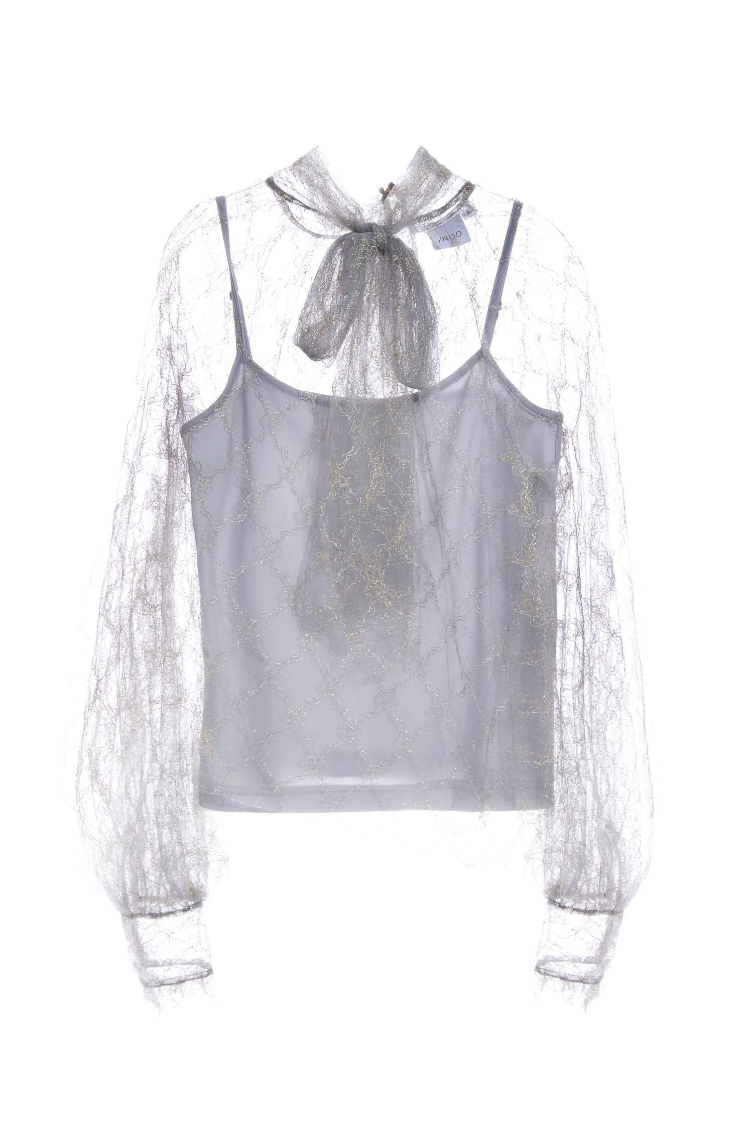 Grey Ribbon Bow Collar Lace TopLight retro metallic gold tulle top,Tops,Under shirts,Embroidered,Party Looks,Season (AW) Look,Valentine,Mesh fabric,Lace tops