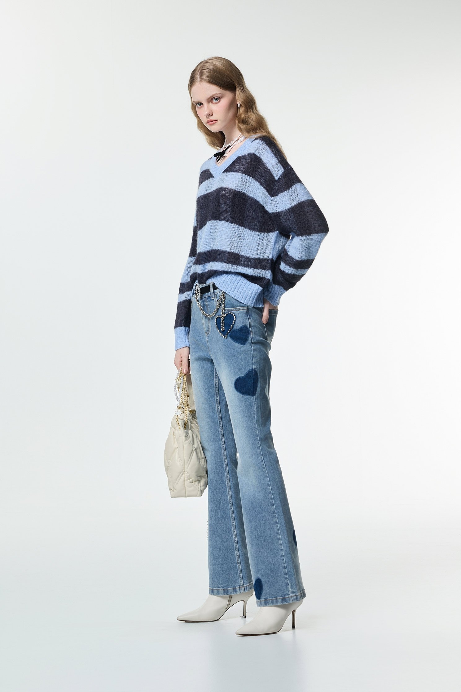Contrast Stripe V-neck Knit TopContrast Stripe V-neck Knit Top,Tops,Plaid,Season (AW) Look,Knitted,Knitted tops