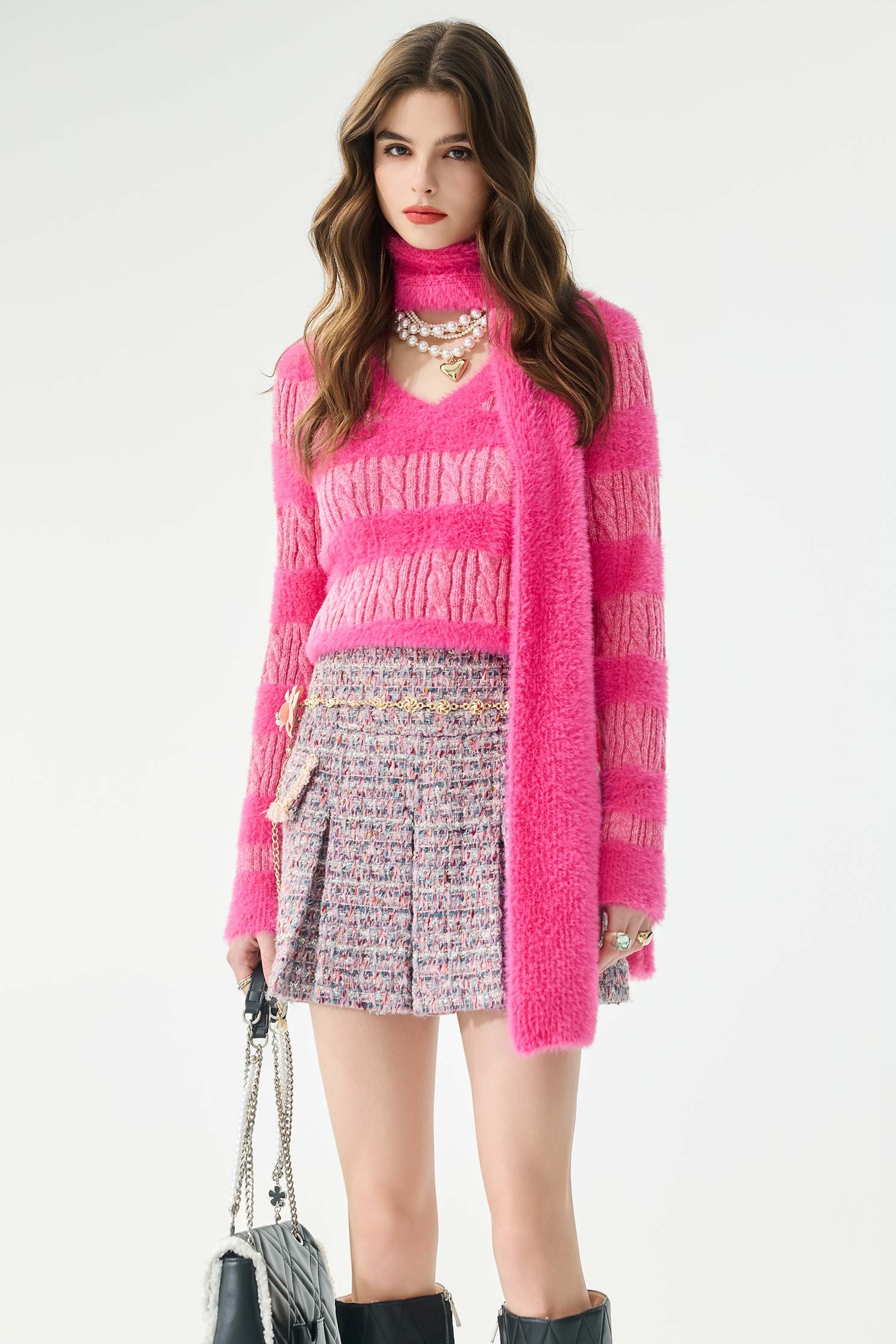 V-neck Scarf Accessory Crop Knit TopV-neck Scarf Accessory Crop Knit Top,Tops,Scarves,Season (AW) Look,Knitted,Knitted tops