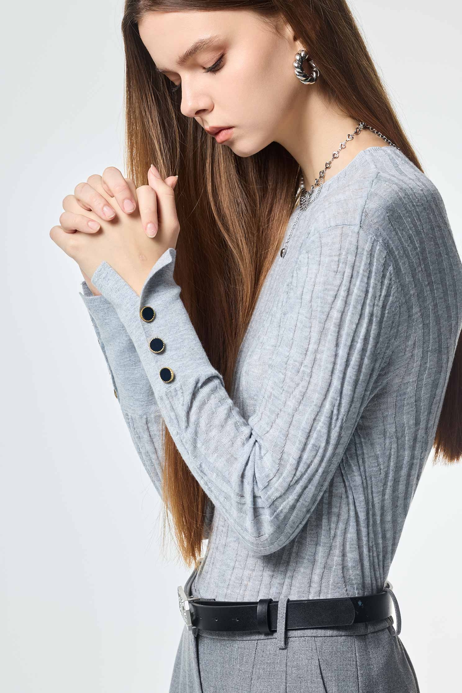 Grey Long Sleeve Fitted Knit TopGrey Long Sleeve Fitted Knit Top,Office Looks,Tops,Season (AW) Look,Valentine,Knitted,Knitted tops,Knitted tops