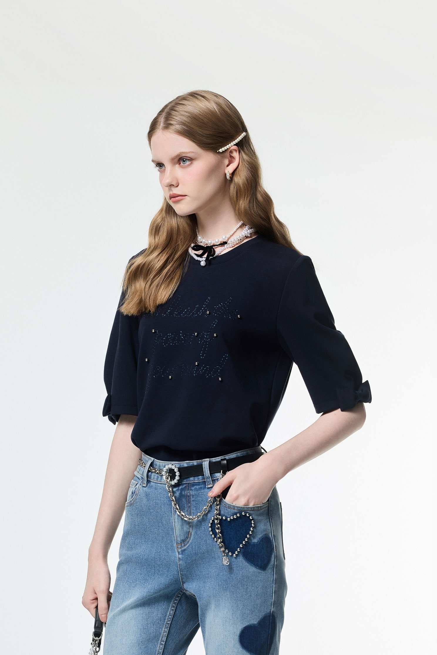 Front Stitch Slogan Navy TeeFront Stitch Slogan Navy Tee,Tops,Embroidered,Season (AW) Look,bows