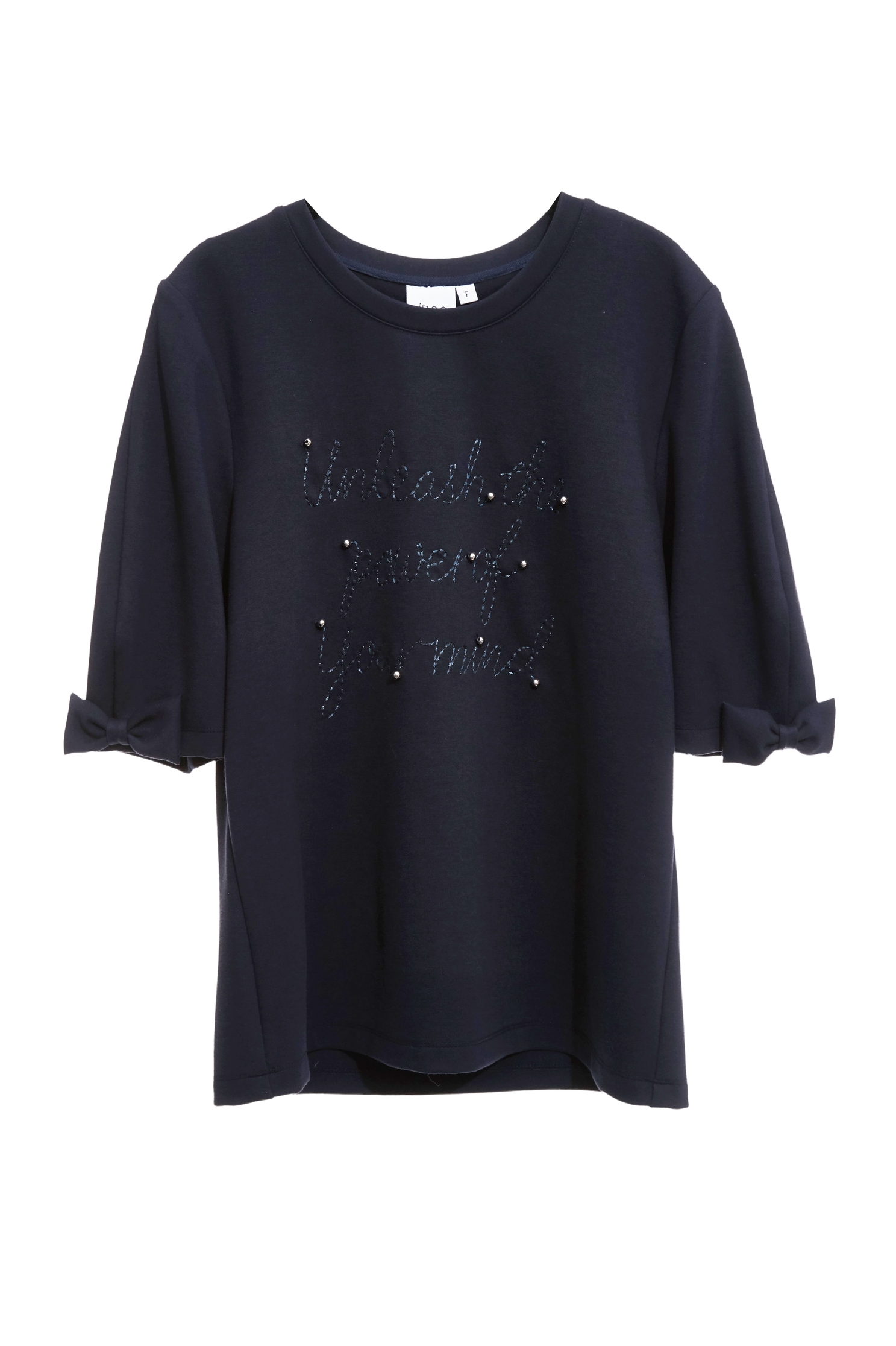 Front Stitch Slogan Navy TeeFront Stitch Slogan Navy Tee,Tops,Embroidered,Season (AW) Look,bows