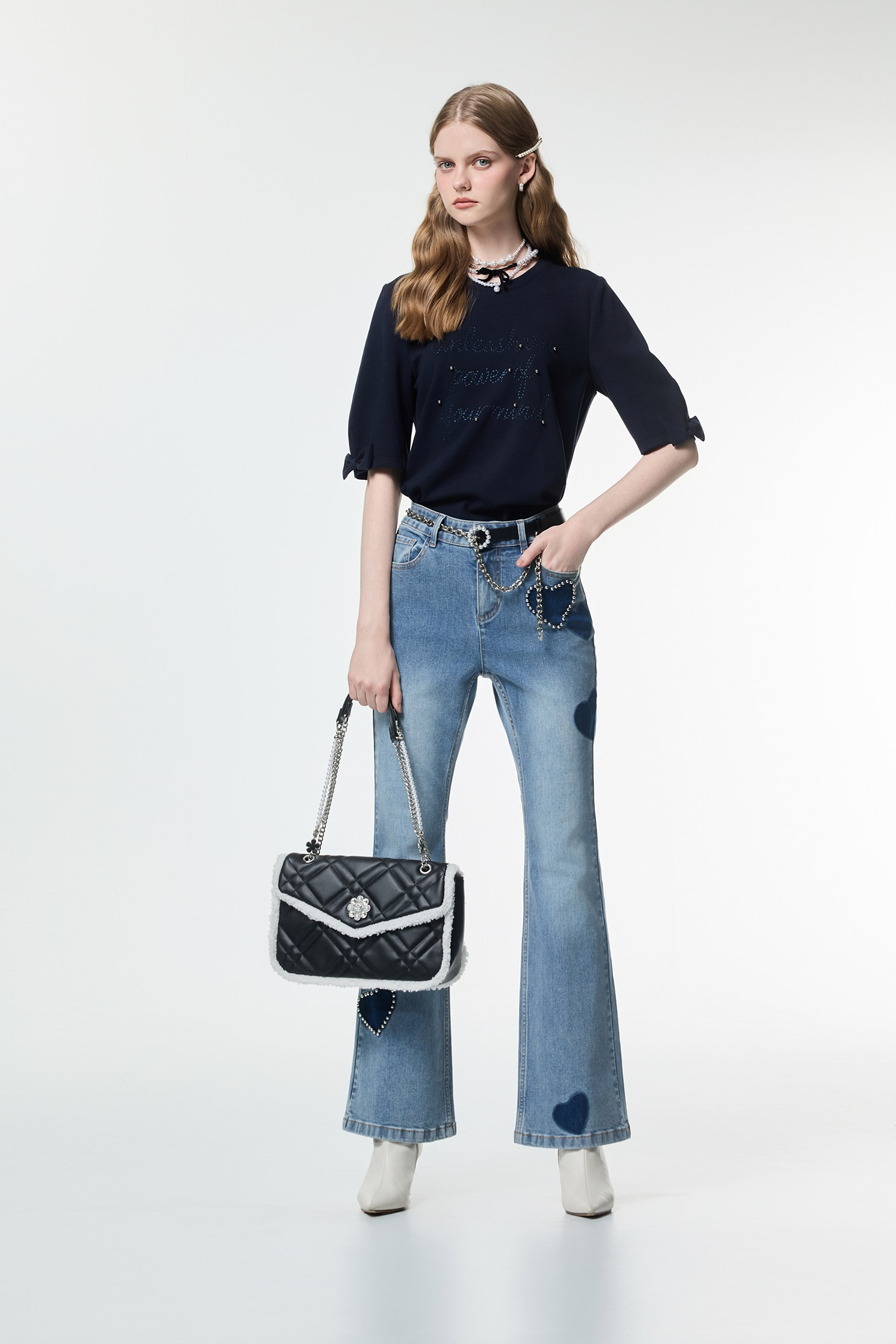 Front Stitch Slogan Navy TeeFront Stitch Slogan Navy Tee,Tops,Embroidered,Season (AW) Look,bows