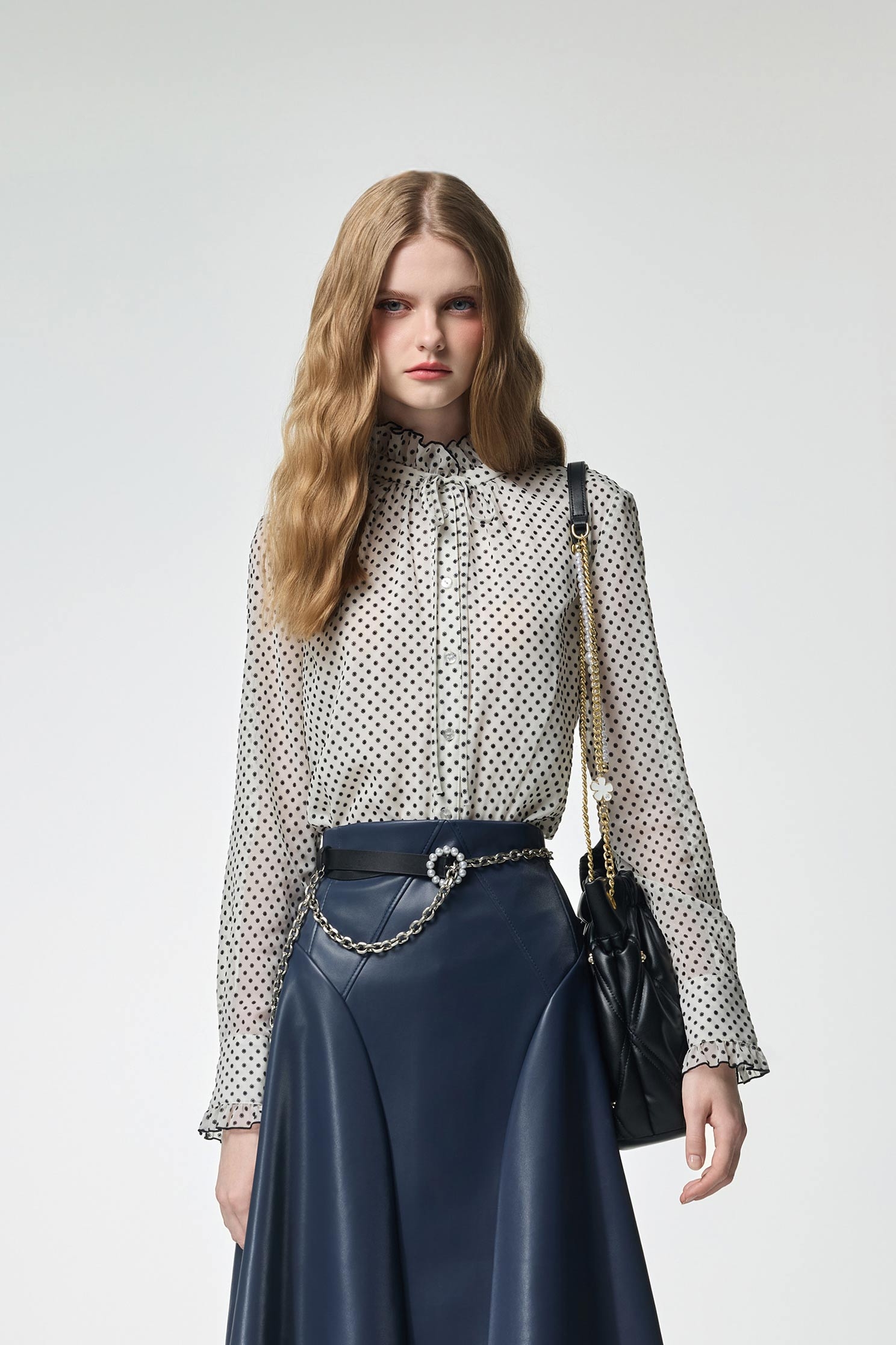 Polka Dot Ruffle Trim Detail BlousePolka Dot Ruffle Trim Detail Blouse,Tops,Season (AW) Look,Chiffon