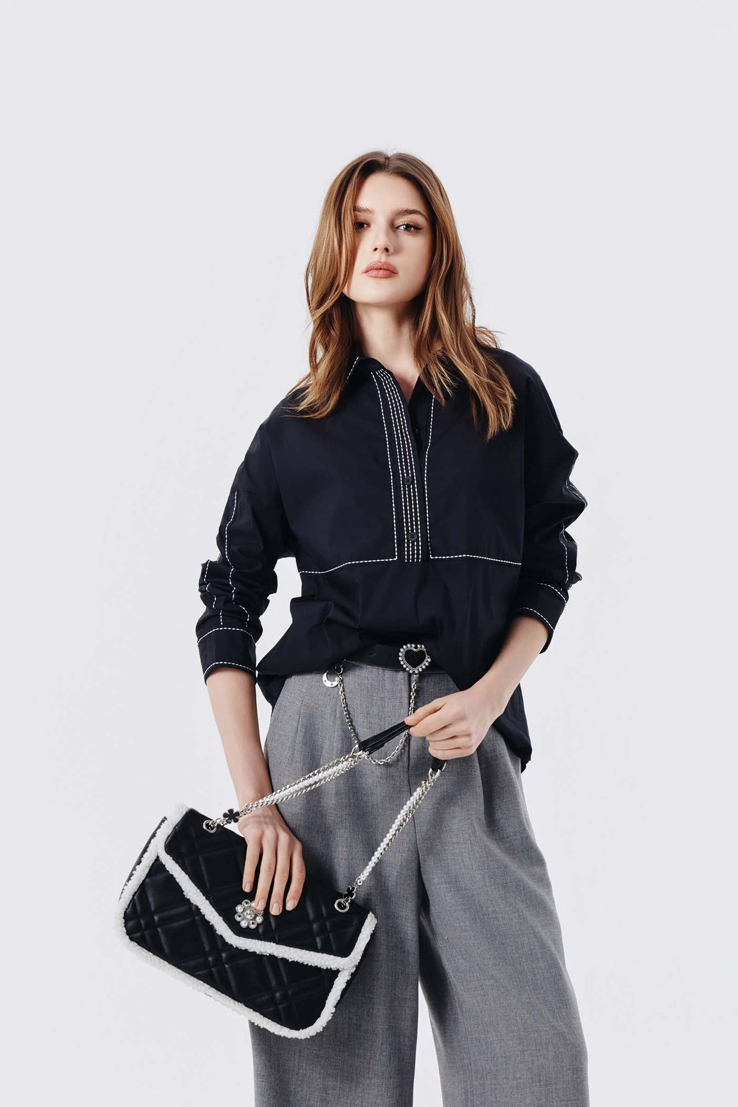 Contrast Stitch Detail Dark Grey BlouseContrast Stitch Detail Dark Grey Blouse,Office Looks,Tops,Season (AW) Look,Blouses