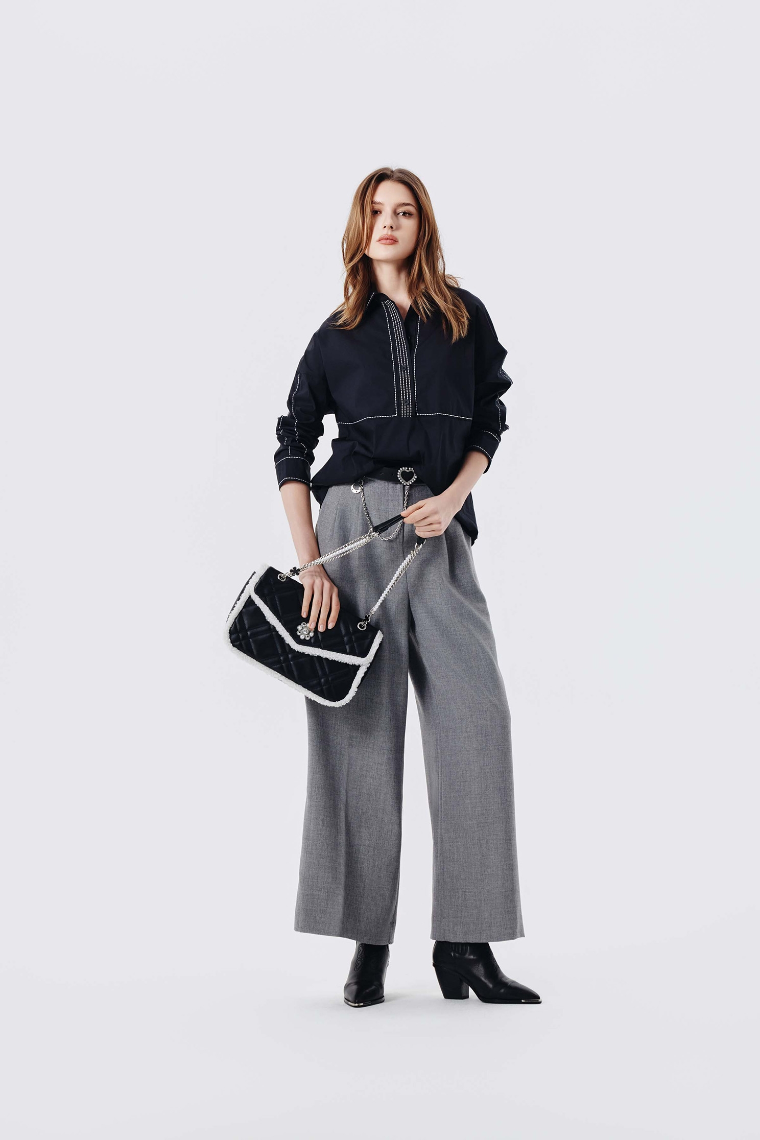 Contrast Stitch Detail Dark Grey BlouseContrast Stitch Detail Dark Grey Blouse,Office Looks,Tops,Season (AW) Look,Blouses