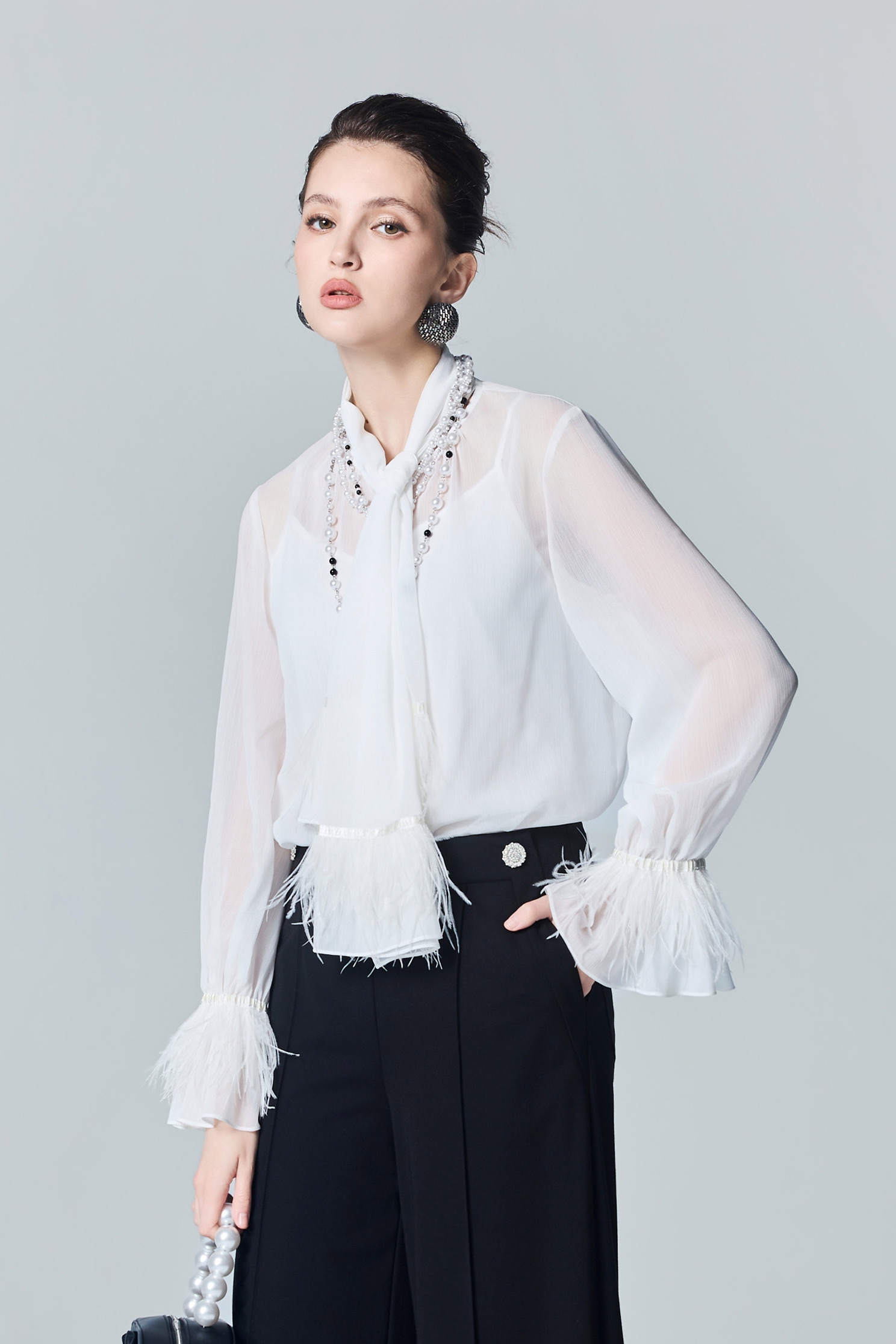 Fringe Detail Scarf Collar Chiffon BlouseFringe Detail Scarf Collar Chiffon Blouse,Tops,Under shirts,White tops,Season (AW) Look,Chiffon