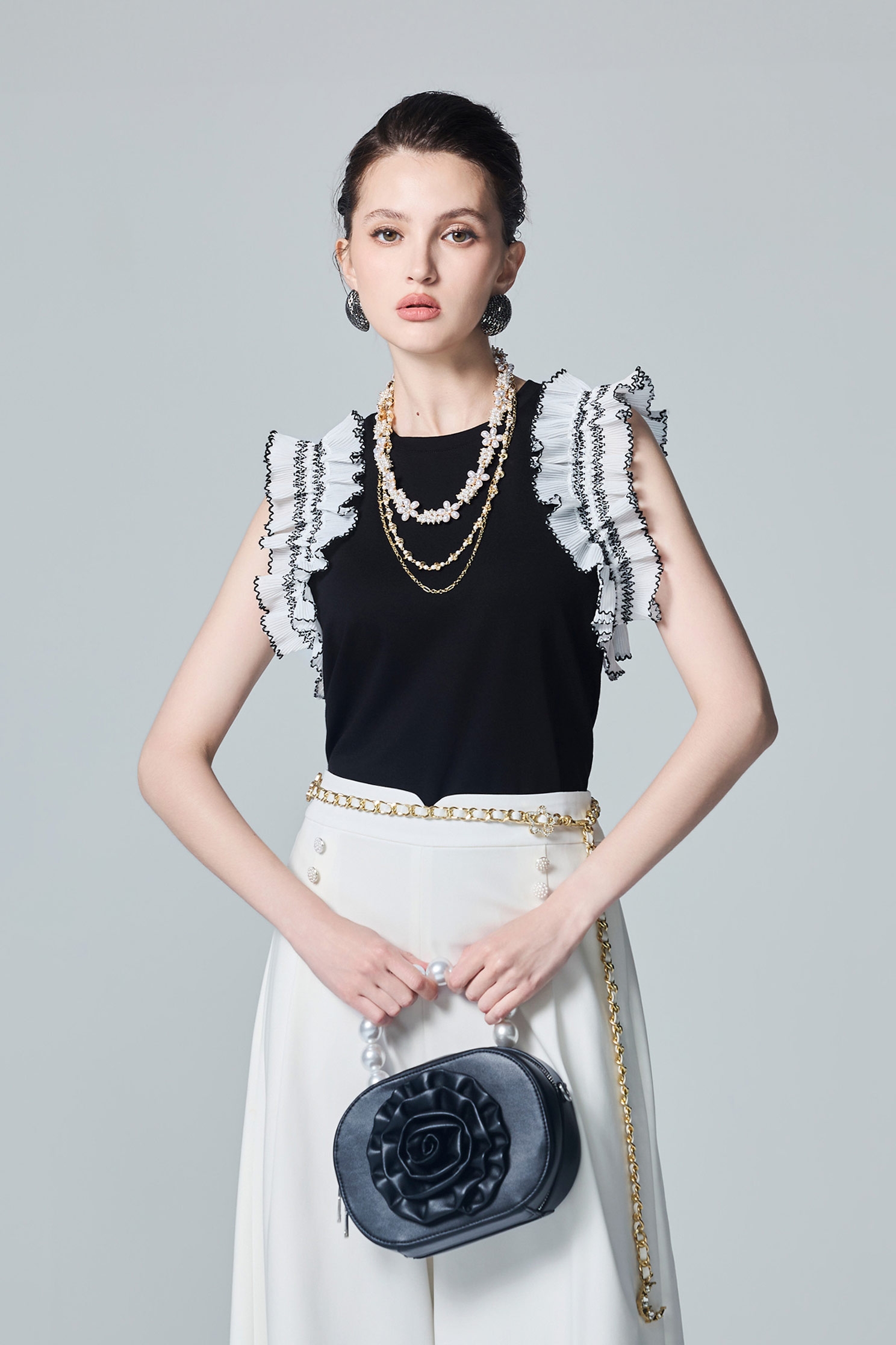 Contrast Pleated Sleeve Black TeeContrast Pleated Sleeve Black Tee,sleeveless tops,Tops,bestselling,Trends,Season (AW) Look,sleeveless tops,Chiffon,black tops
