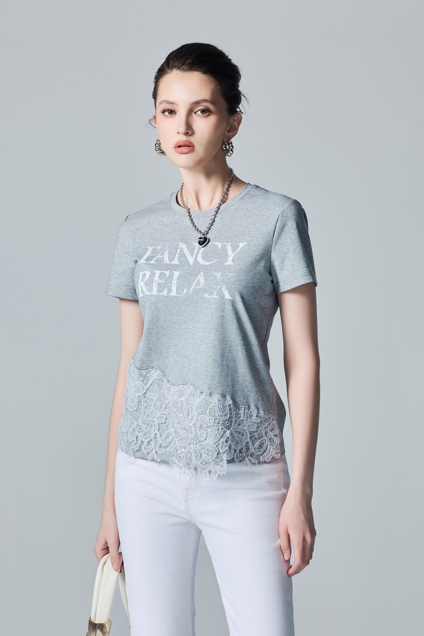 White Lace Detail Short Sleeve TeeWhite Lace Detail Short Sleeve Tee,T-shirts,Tops,Round neck tops,Season (AW) Look,Cotton,Lace