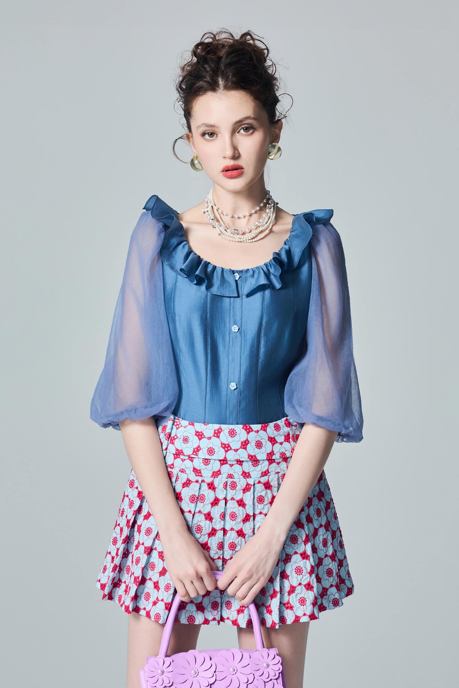Flounce Neckline Blue TopFlounce Neckline Blue Top,Tops,Season (AW) Look,Mesh fabric