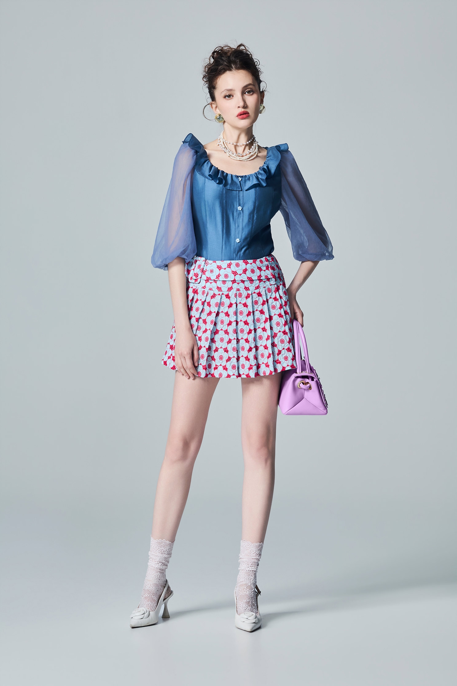 Flounce Neckline Blue TopFlounce Neckline Blue Top,Tops,Season (AW) Look,Mesh fabric