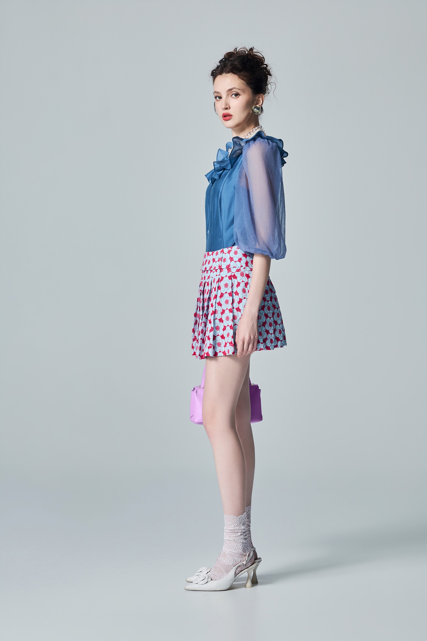 Flounce Neckline Blue TopFlounce Neckline Blue Top,Tops,Season (AW) Look,Mesh fabric