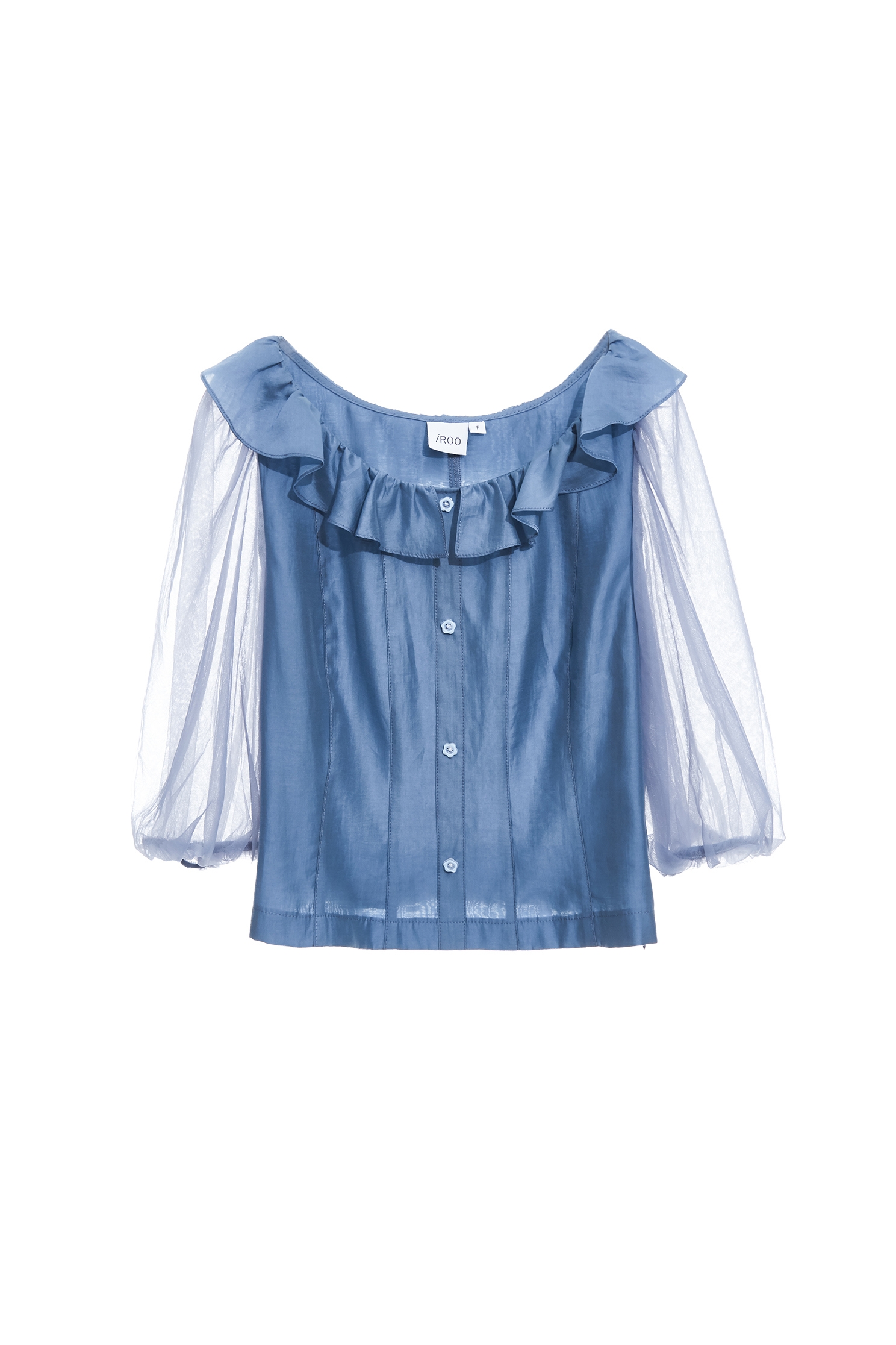 Flounce Neckline Blue TopFlounce Neckline Blue Top,Tops,Season (AW) Look,Mesh fabric