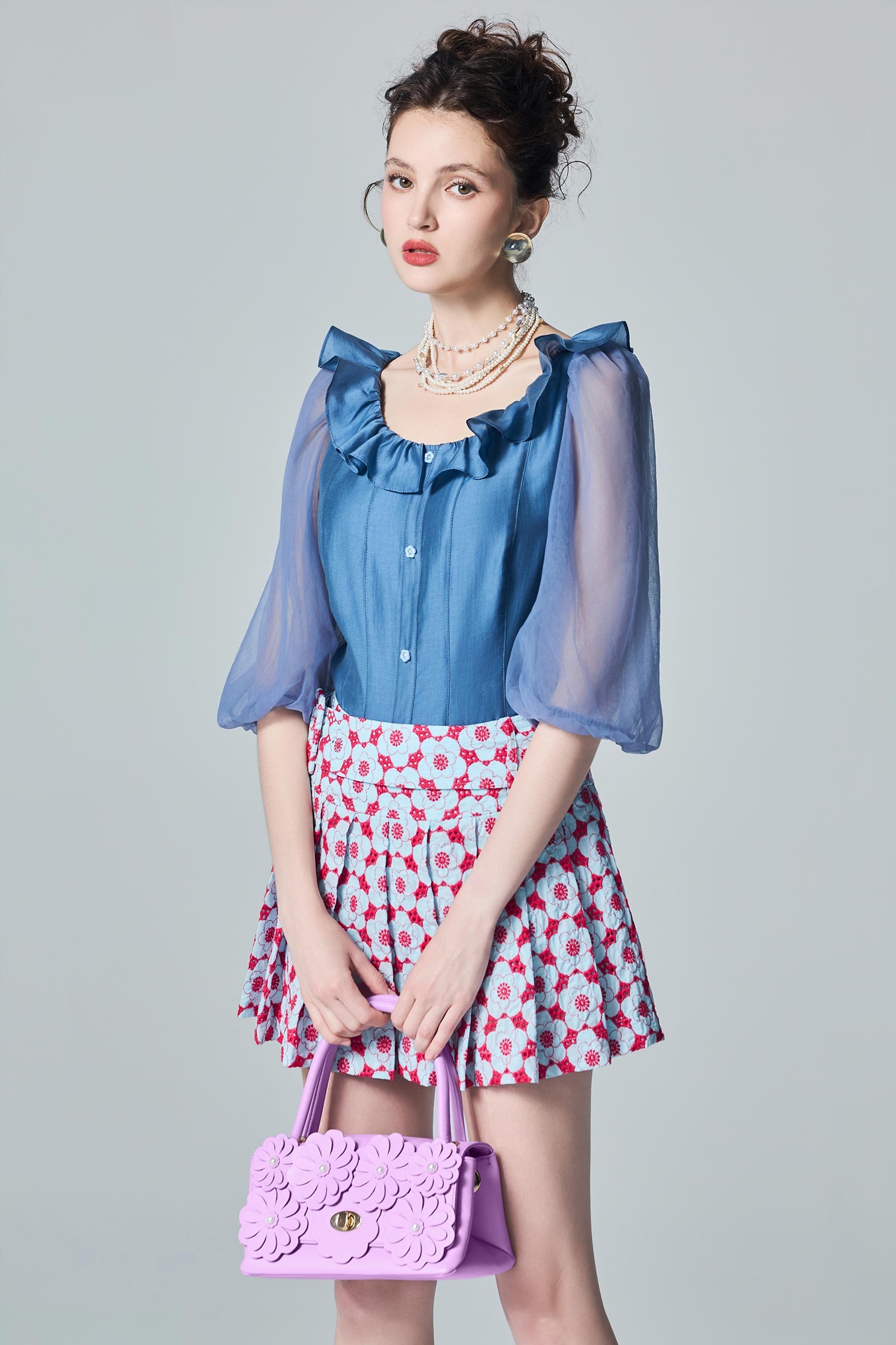Flounce Neckline Blue TopFlounce Neckline Blue Top,Tops,Season (AW) Look,Mesh fabric