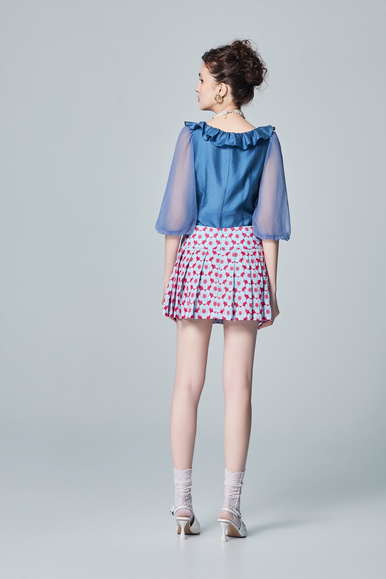 Flounce Neckline Blue TopFlounce Neckline Blue Top,Tops,Season (AW) Look,Mesh fabric