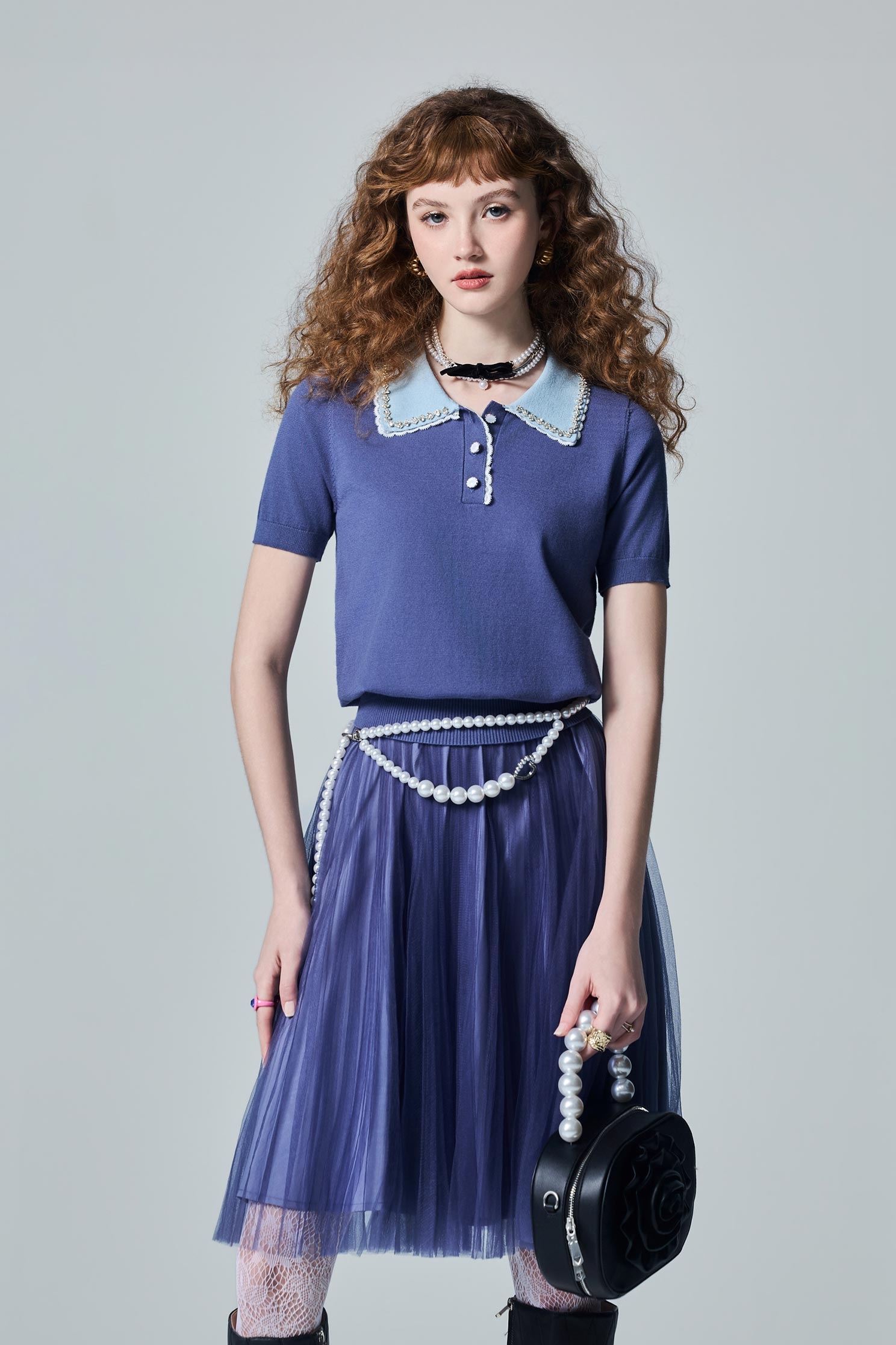 Contrast Collar Polo Knit TopContrast Collar Polo Knit Top,Tops,Season (AW) Look,Lace,Knitted,Knitted tops