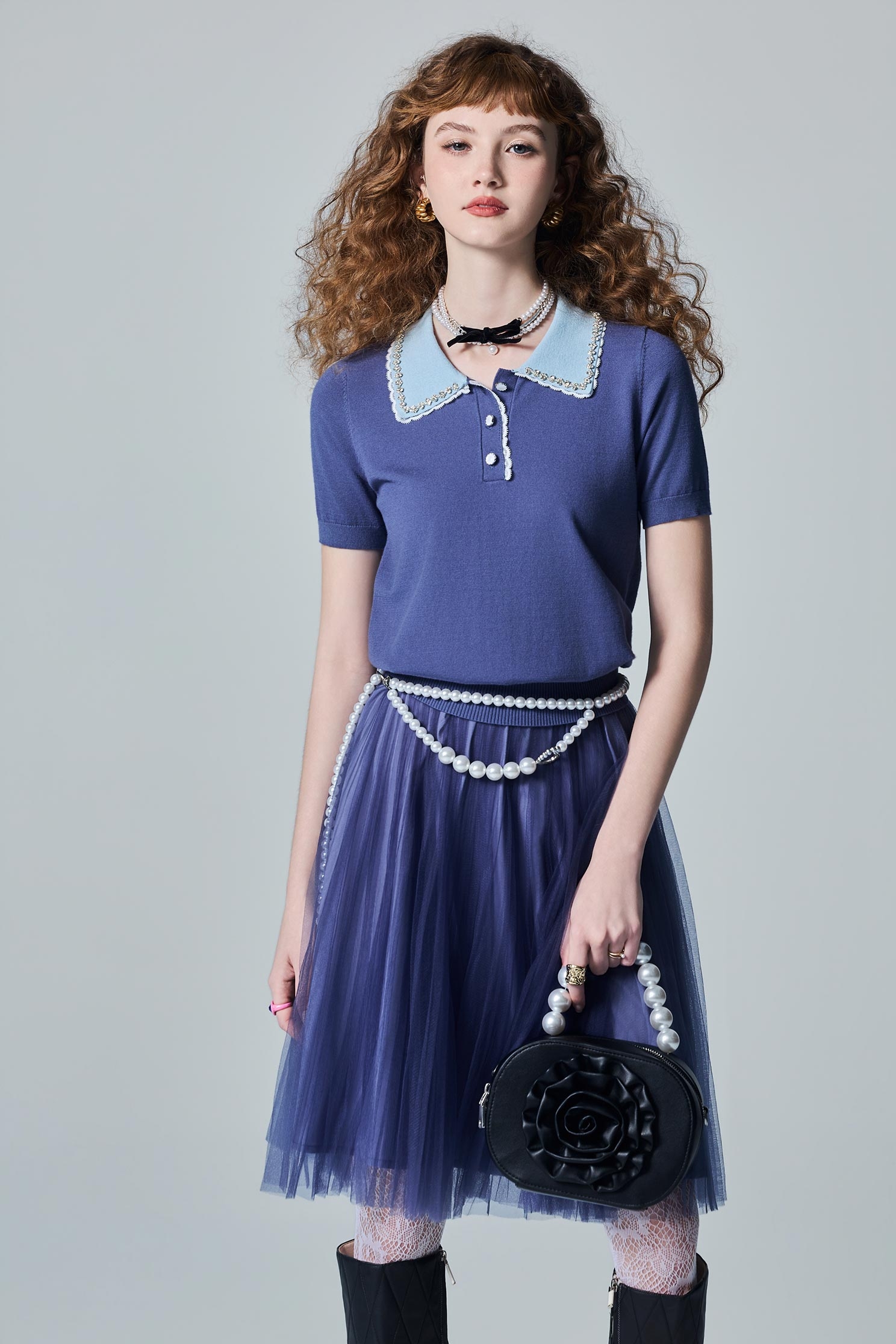 Contrast Collar Polo Knit TopContrast Collar Polo Knit Top,Tops,Season (AW) Look,Lace,Knitted,Knitted tops