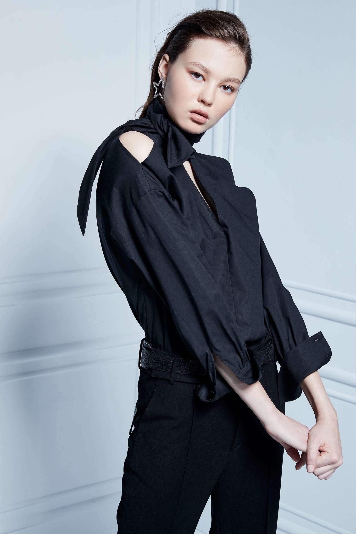 Cold Shoulder Ribbon Collar TopStrap edgy shirt,Asymmetric design tops,Season (AW) Look,Blouses,Long sleeve tops