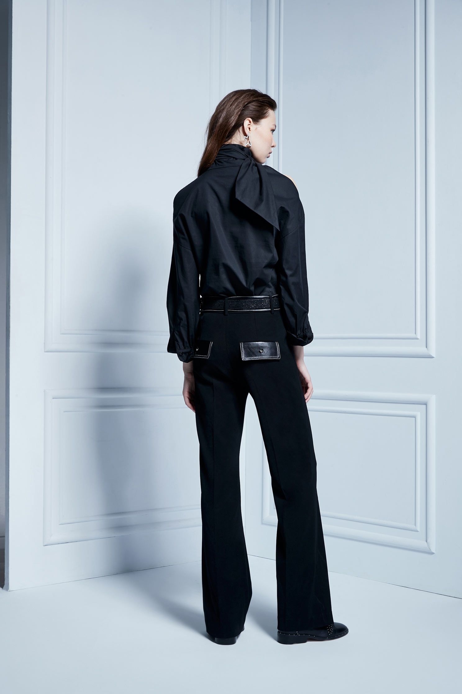 Cold Shoulder Ribbon Collar TopStrap edgy shirt,Asymmetric design tops,Season (AW) Look,Blouses,Long sleeve tops