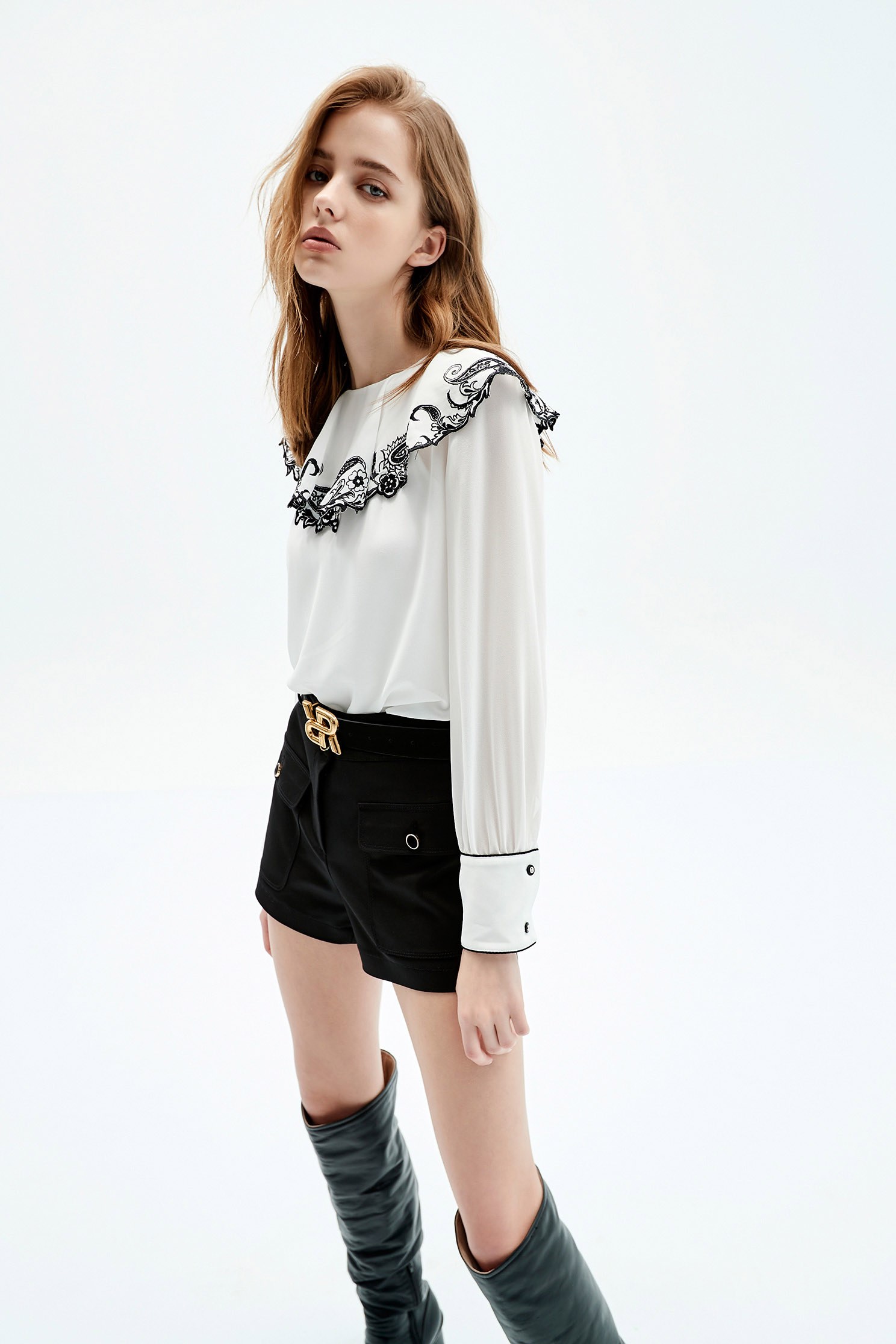 White Bertha Collar Blouse With Cut Out Embroidered DetailParamecium floral embroidered collar top,Tops,Embroidered,Season (AW) Look
