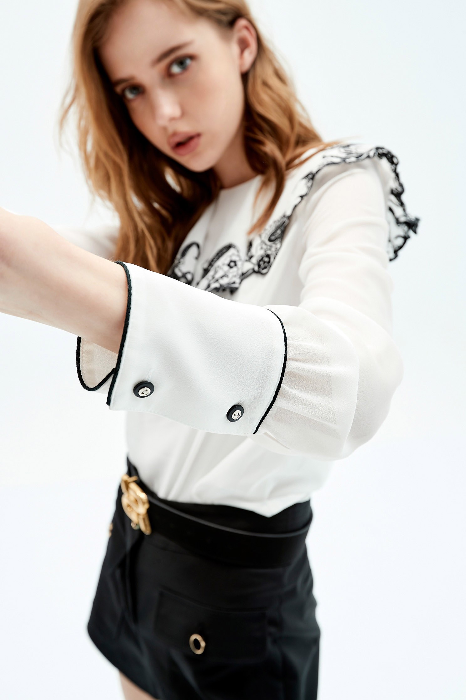 White Bertha Collar Blouse With Cut Out Embroidered DetailParamecium floral embroidered collar top,Tops,Embroidered,Season (AW) Look