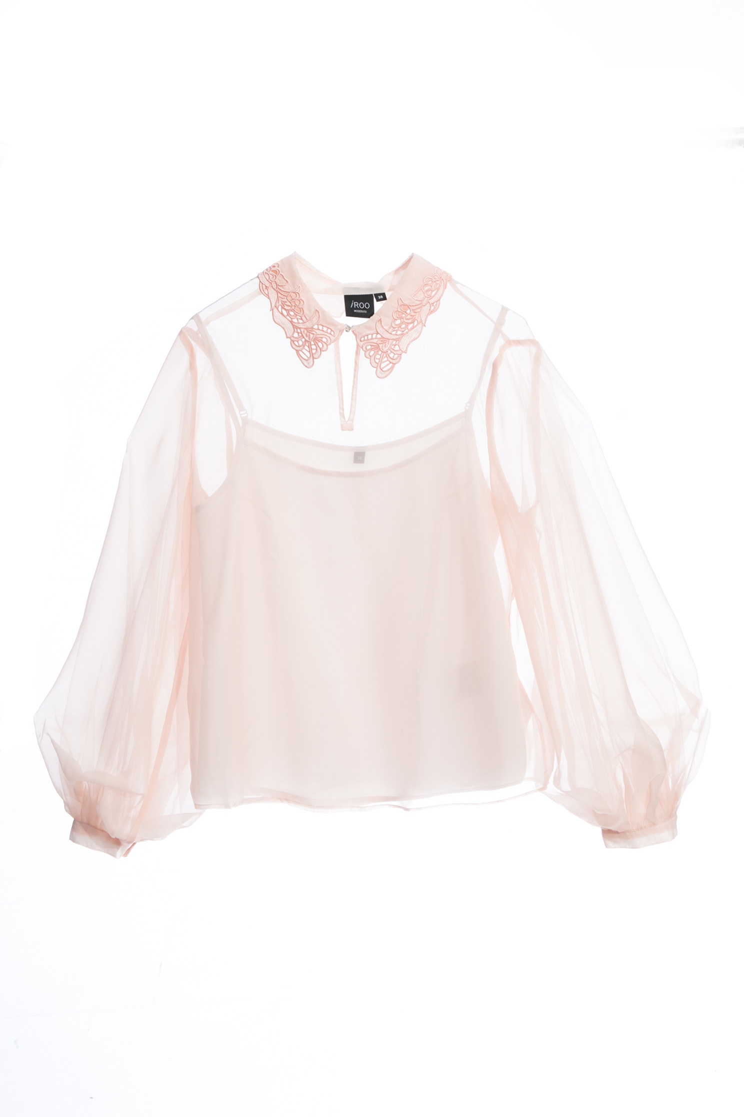 Pink Chiffon Top With Cut Out Lace CollarLoose-fitting shirt,Tops,Season (SS) Look,Blouses