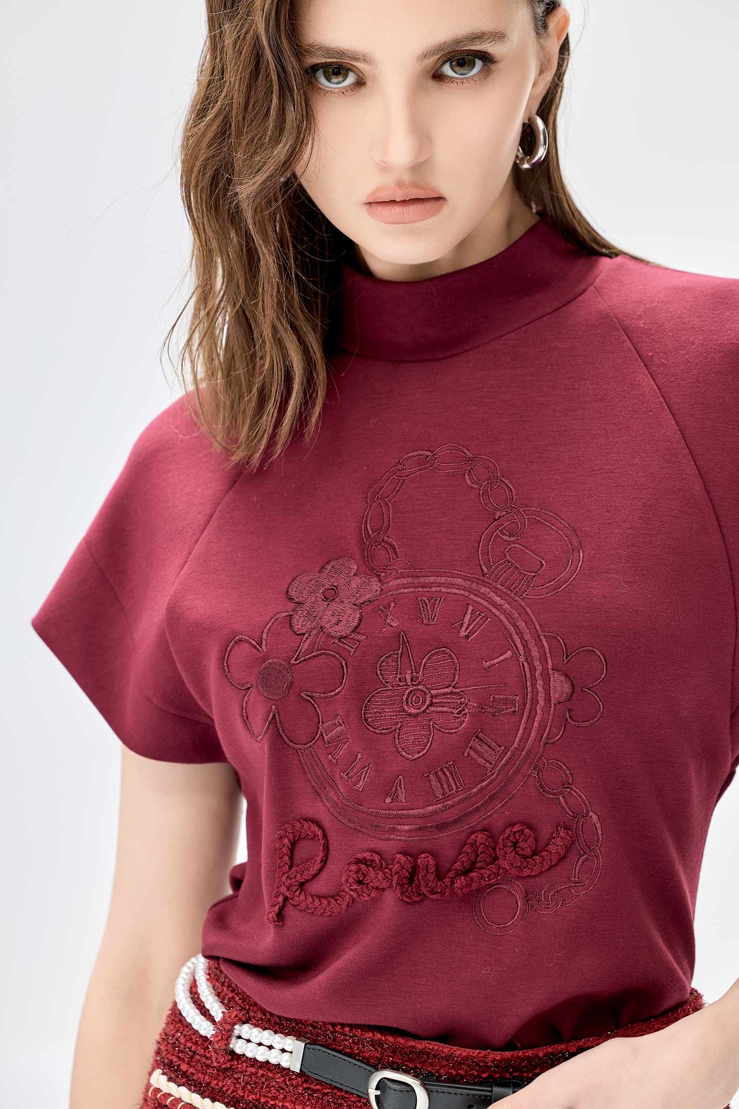Wine Red Embroidery Logo TeeWine Red Embroidery Logo Tee,Tops,Embroidered,Season (SS) Look