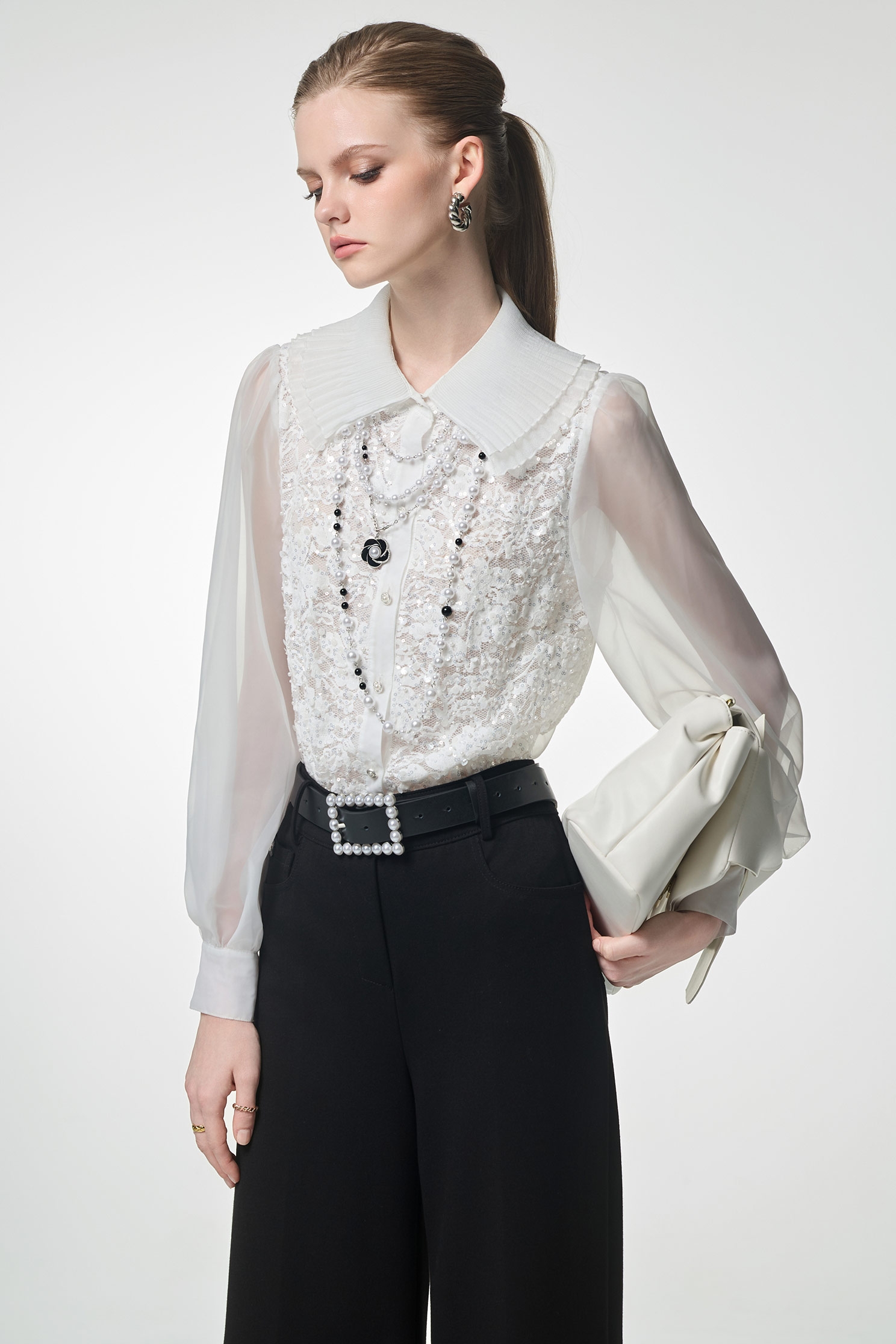 Sequin Pearl Detail Lace BlouseSequin Pearl Detail Lace Blouse,Office Looks,Tops,pearl,Season (AW) Look,blossoms,Lace,Lace tops