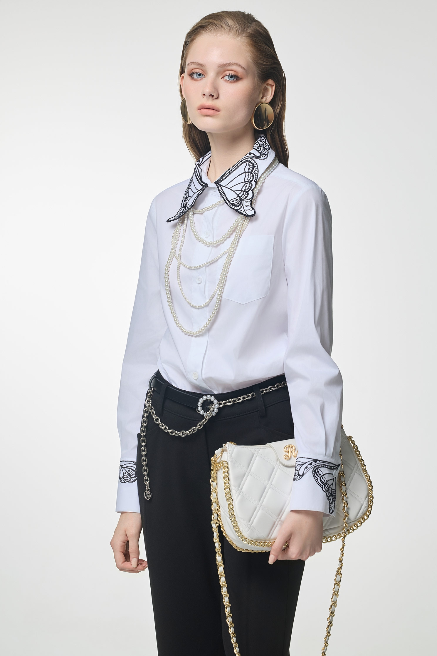 Butterfly Motif Collar Detail BlouseButterfly Motif Collar Detail Blouse,Tops,White tops,Season (AW) Look,Embroidered,Blouses