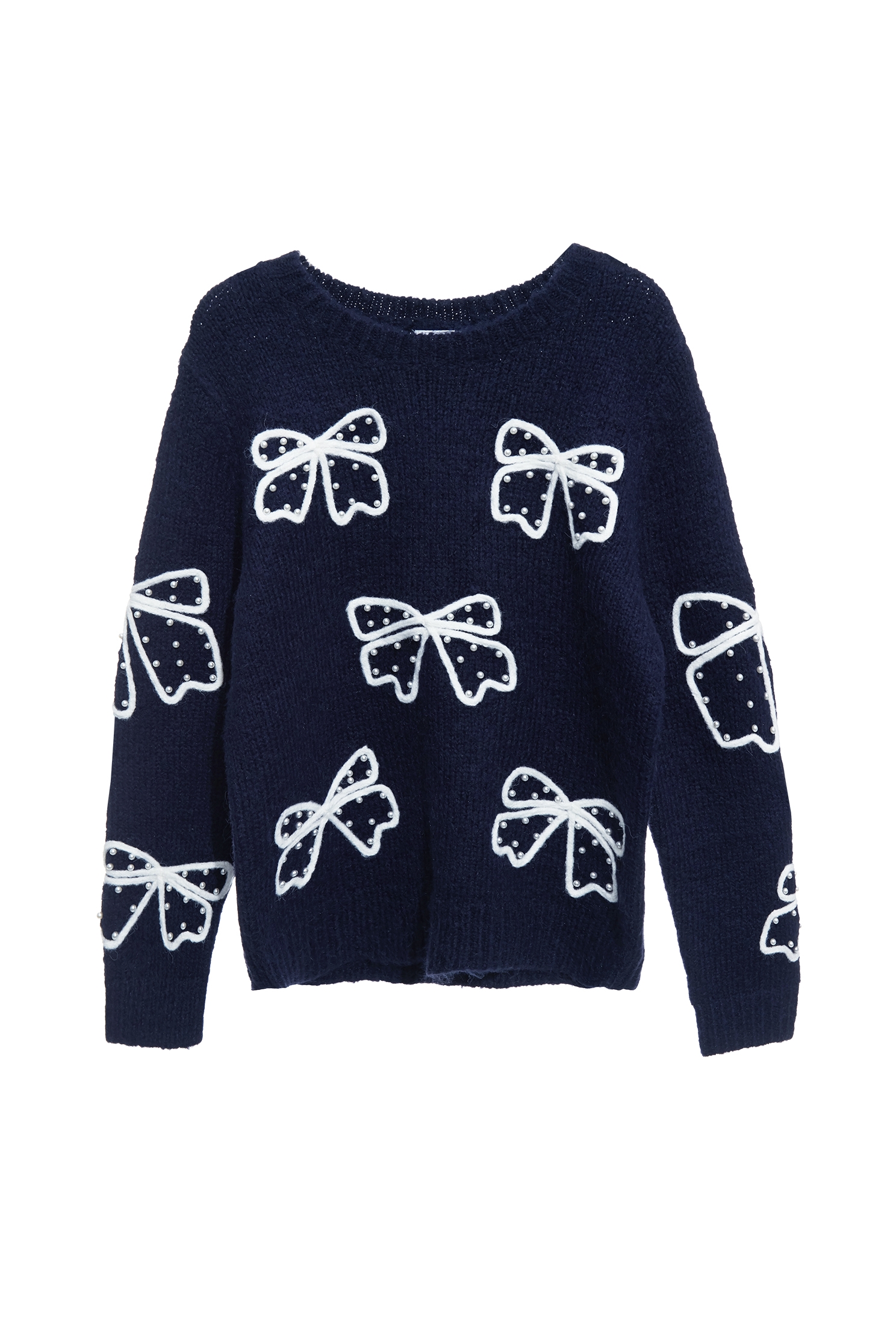Contrast Bow Detail Navy Knit TopContrast Bow Detail Navy Knit Top,Tops,pearl,Season (AW) Look,bows,Knitted,Knitted tops