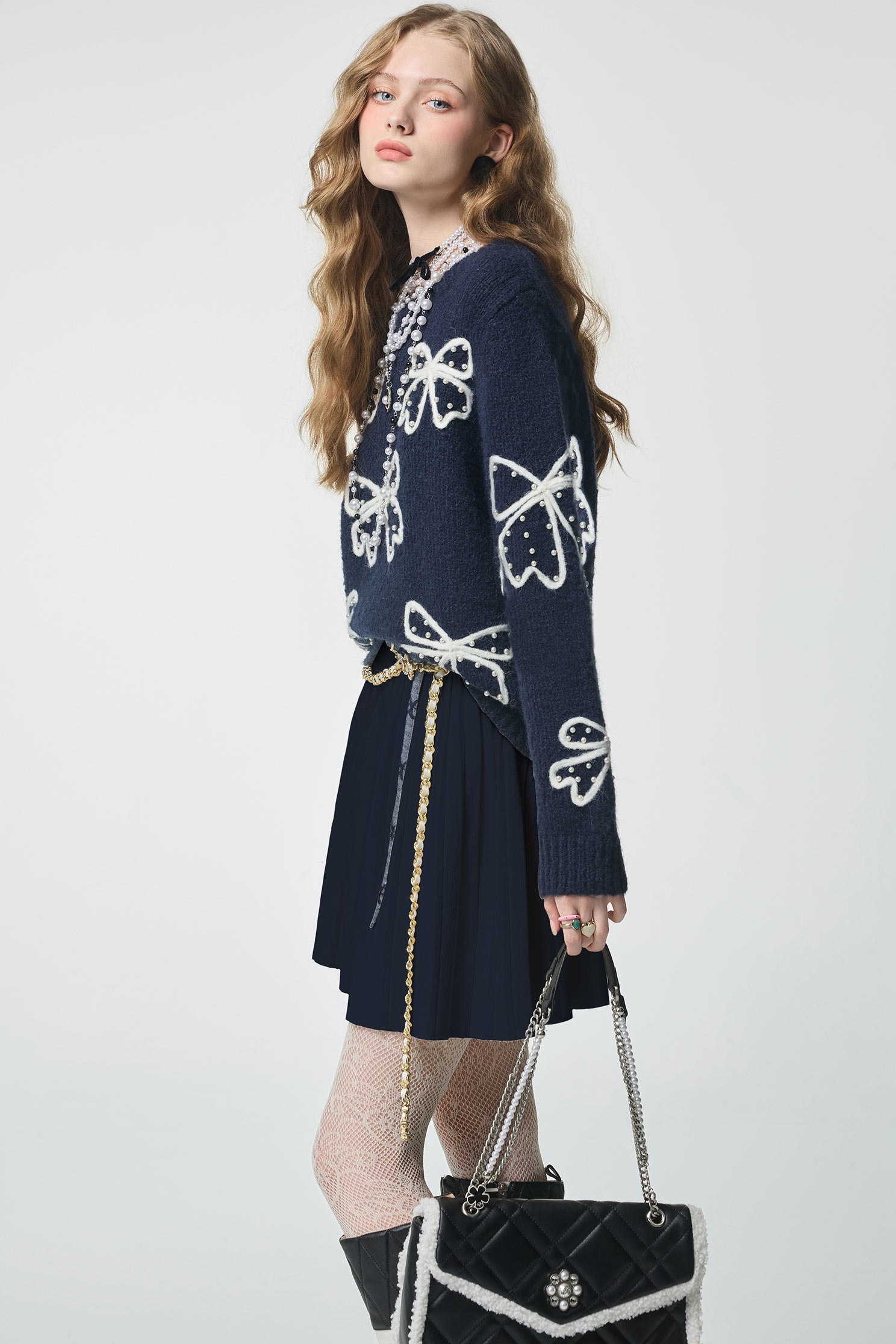 Contrast Bow Detail Navy Knit TopContrast Bow Detail Navy Knit Top,Tops,pearl,Season (AW) Look,bows,Knitted,Knitted tops