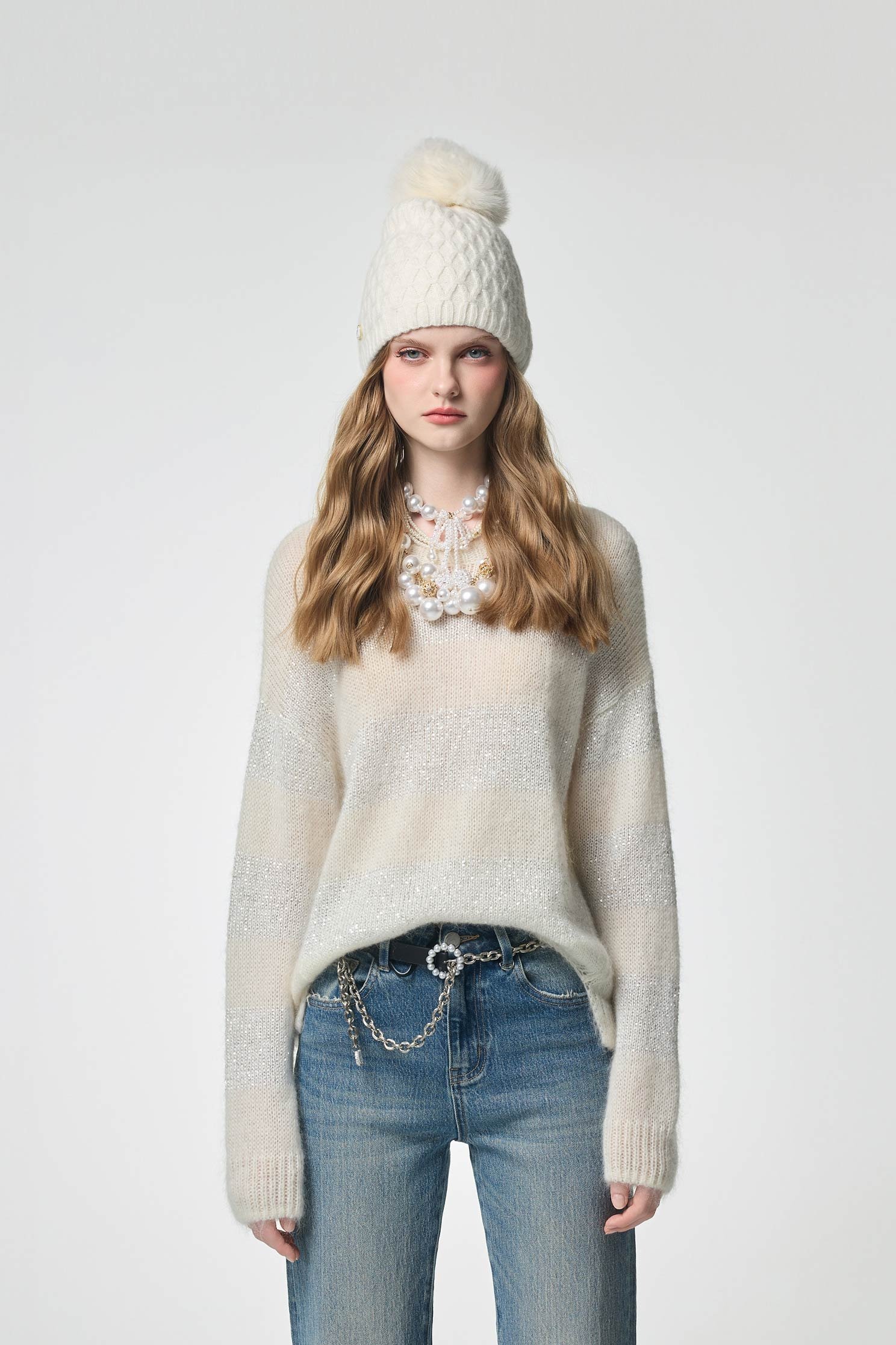 Sequin Wide Contrast Stripe Knit TopSequin Wide Contrast Stripe Knit Top,Tops,Season (AW) Look,Knitted,Knitted tops