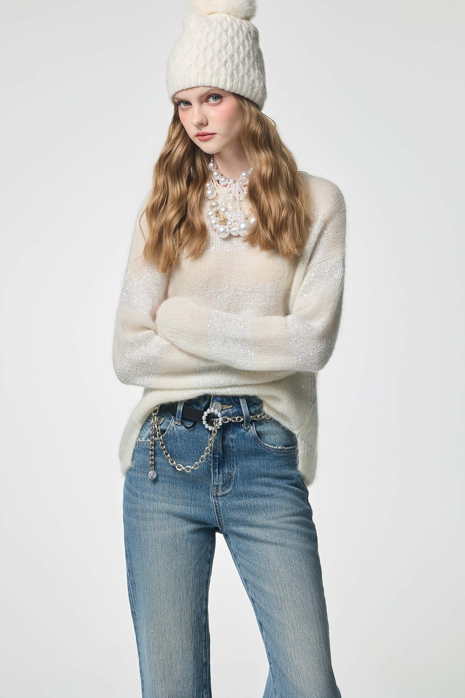 Sequin Wide Contrast Stripe Knit TopSequin Wide Contrast Stripe Knit Top,Tops,Season (AW) Look,Knitted,Knitted tops