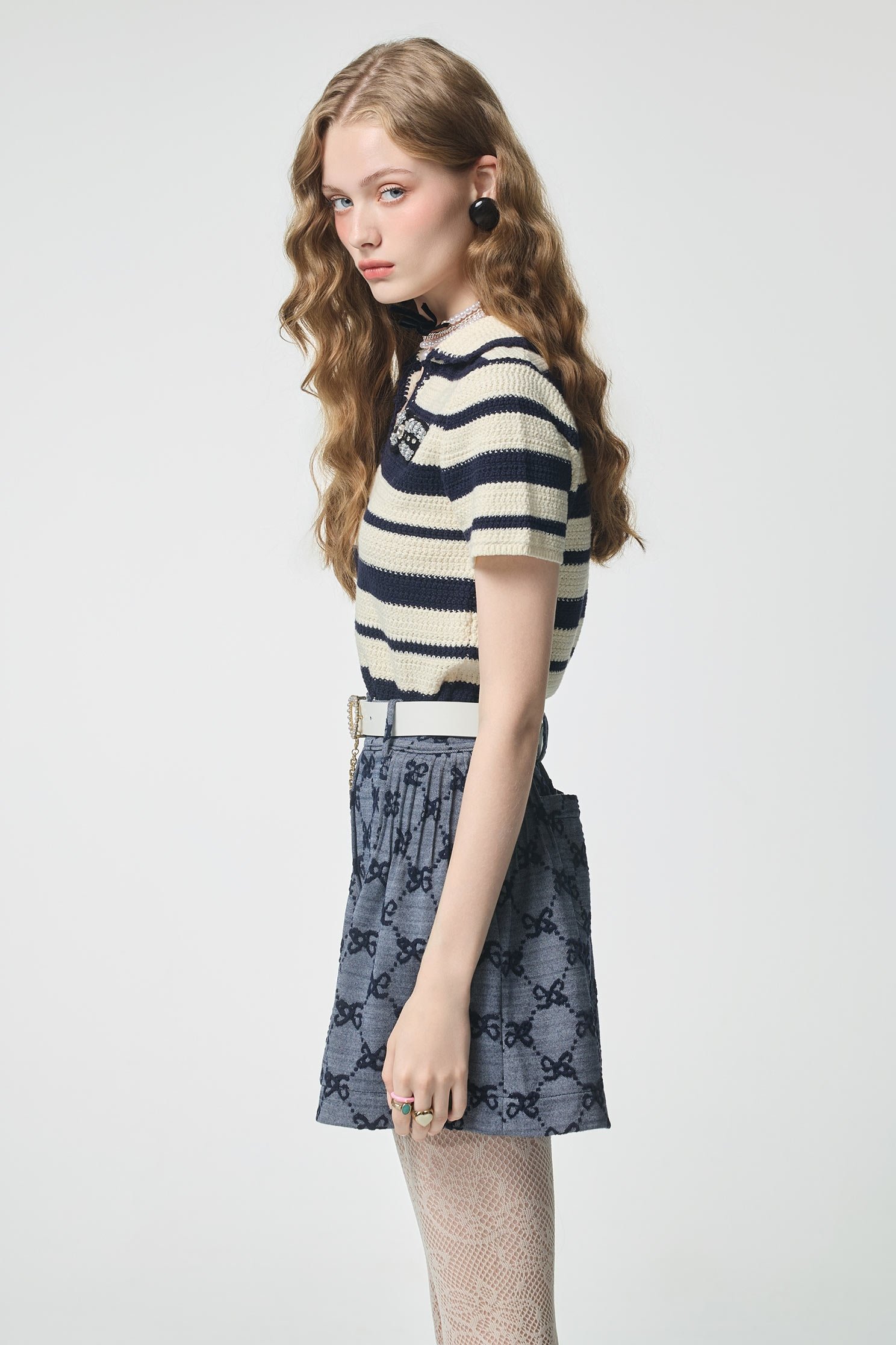 Navy Stripe Knit Polo TopNavy Stripe Knit Polo Top,Tops,Season (AW) Look,bows,Knitted,Knitted tops