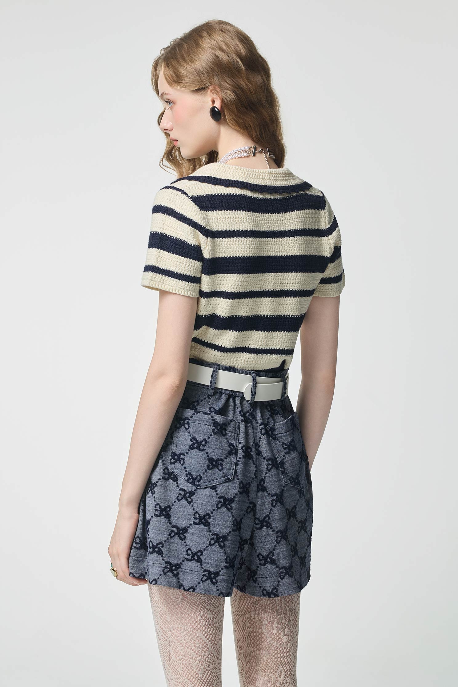 Navy Stripe Knit Polo TopNavy Stripe Knit Polo Top,Tops,Season (AW) Look,bows,Knitted,Knitted tops