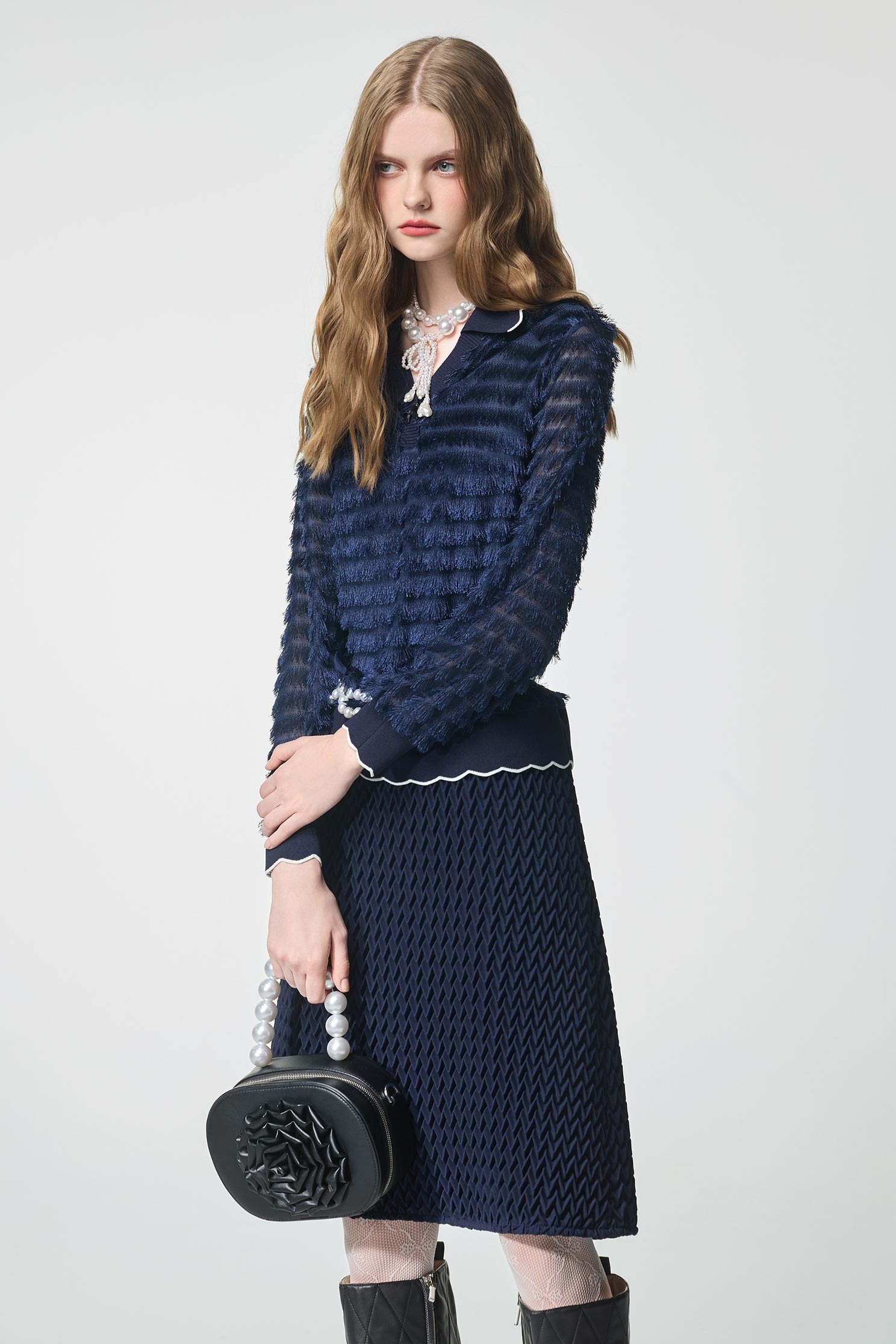 Navy Fringe Detail Long Sleeve TopNavy Fringe Detail Long Sleeve Top,Tops,Season (AW) Look