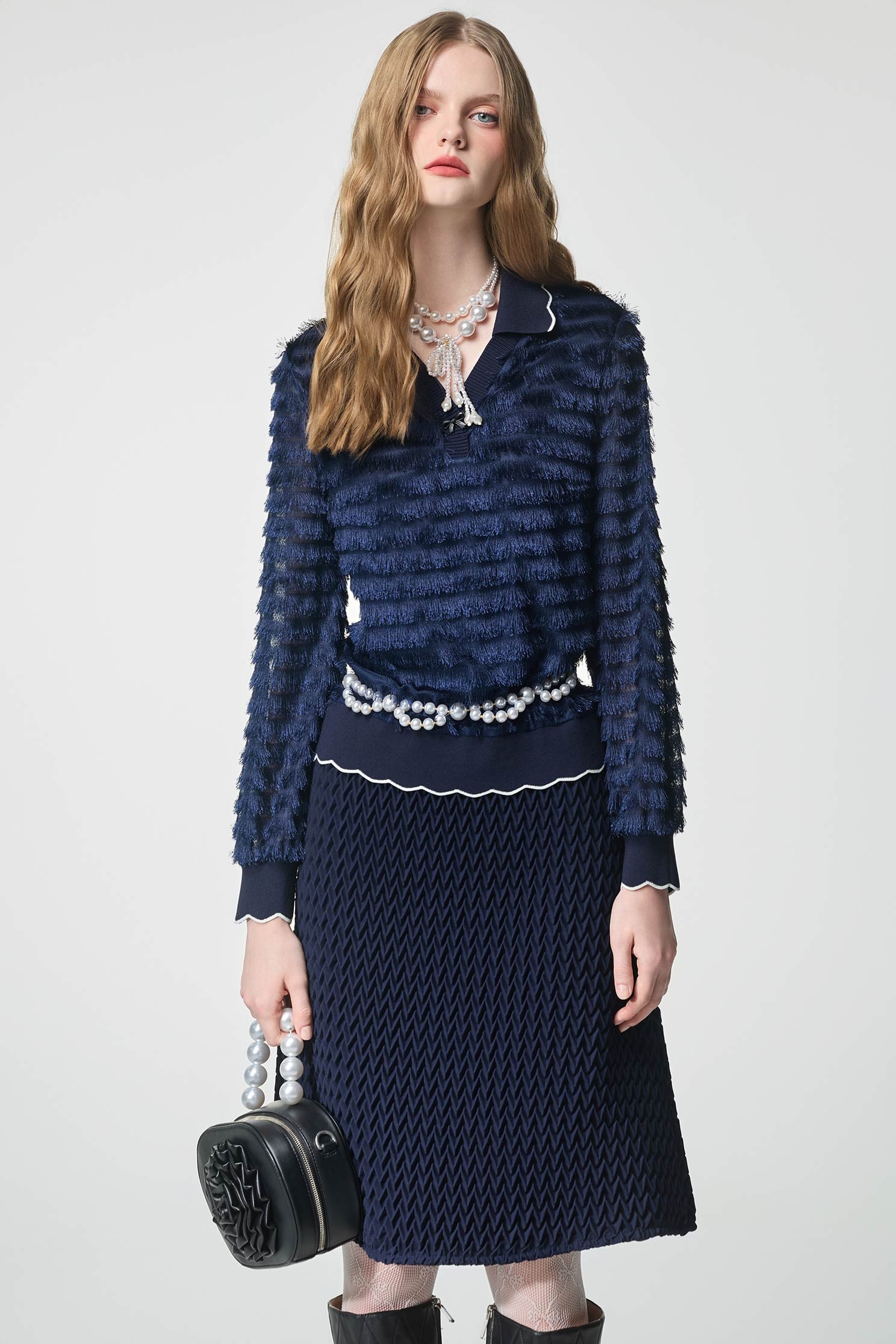 Navy Fringe Detail Long Sleeve TopNavy Fringe Detail Long Sleeve Top,Tops,Season (AW) Look