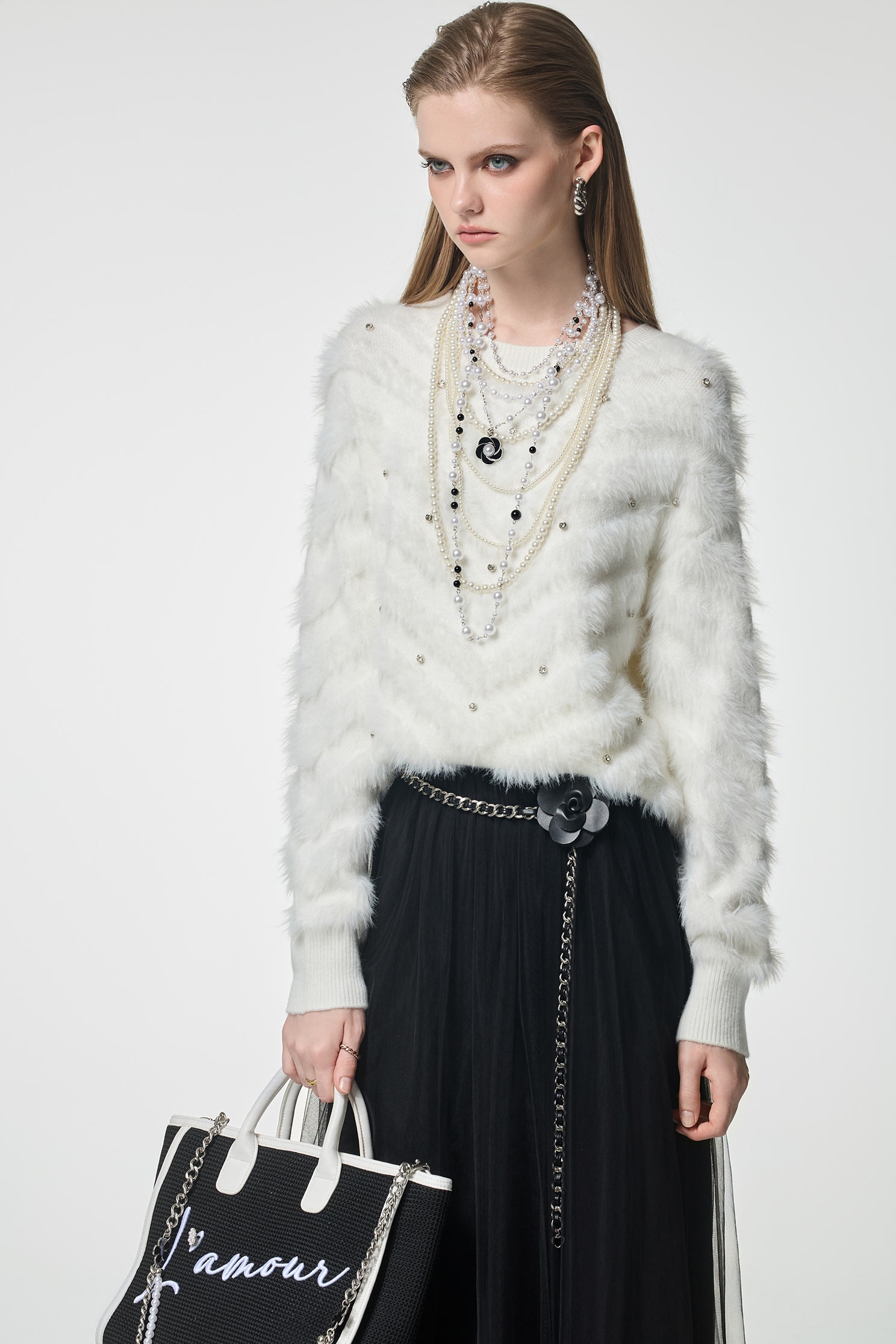 Beaded Faux Fur White TopBeaded Faux Fur White Top,Office Looks,bestselling,Season (AW) Look,Valentine,Knitted,Knitted tops