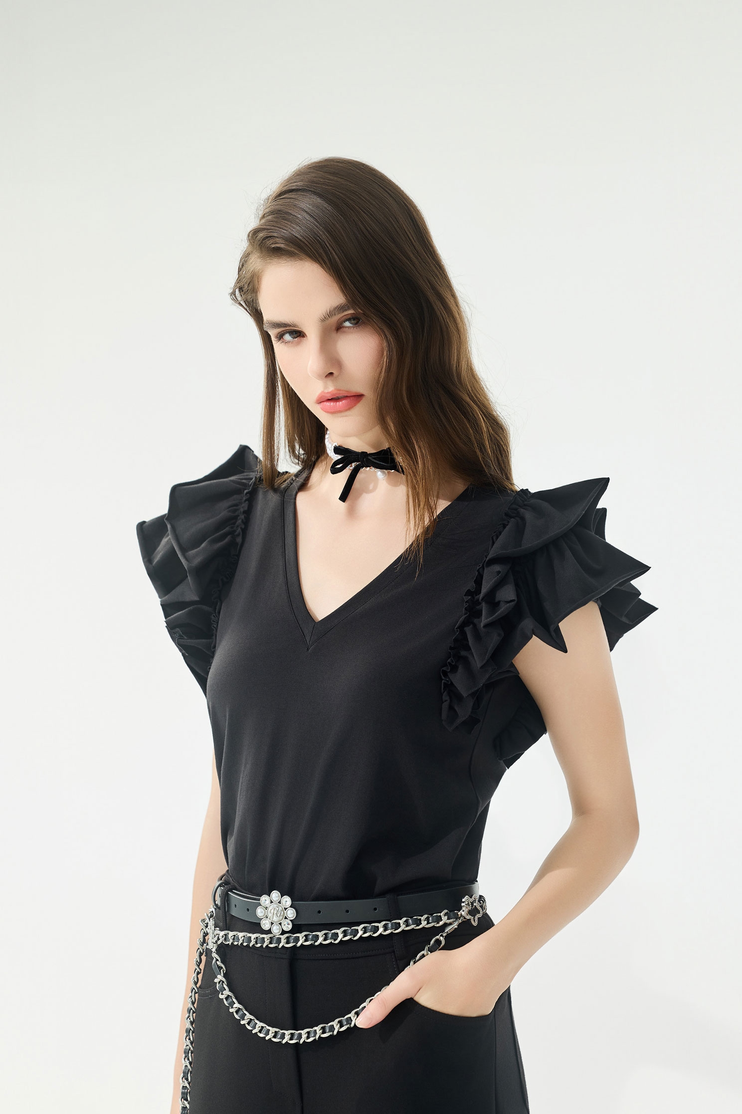 Ruffle Layered Sleeve V-neck TeeRuffle Layered Sleeve V-neck Tee,Tops,Season (AW) Look,Cotton,black tops