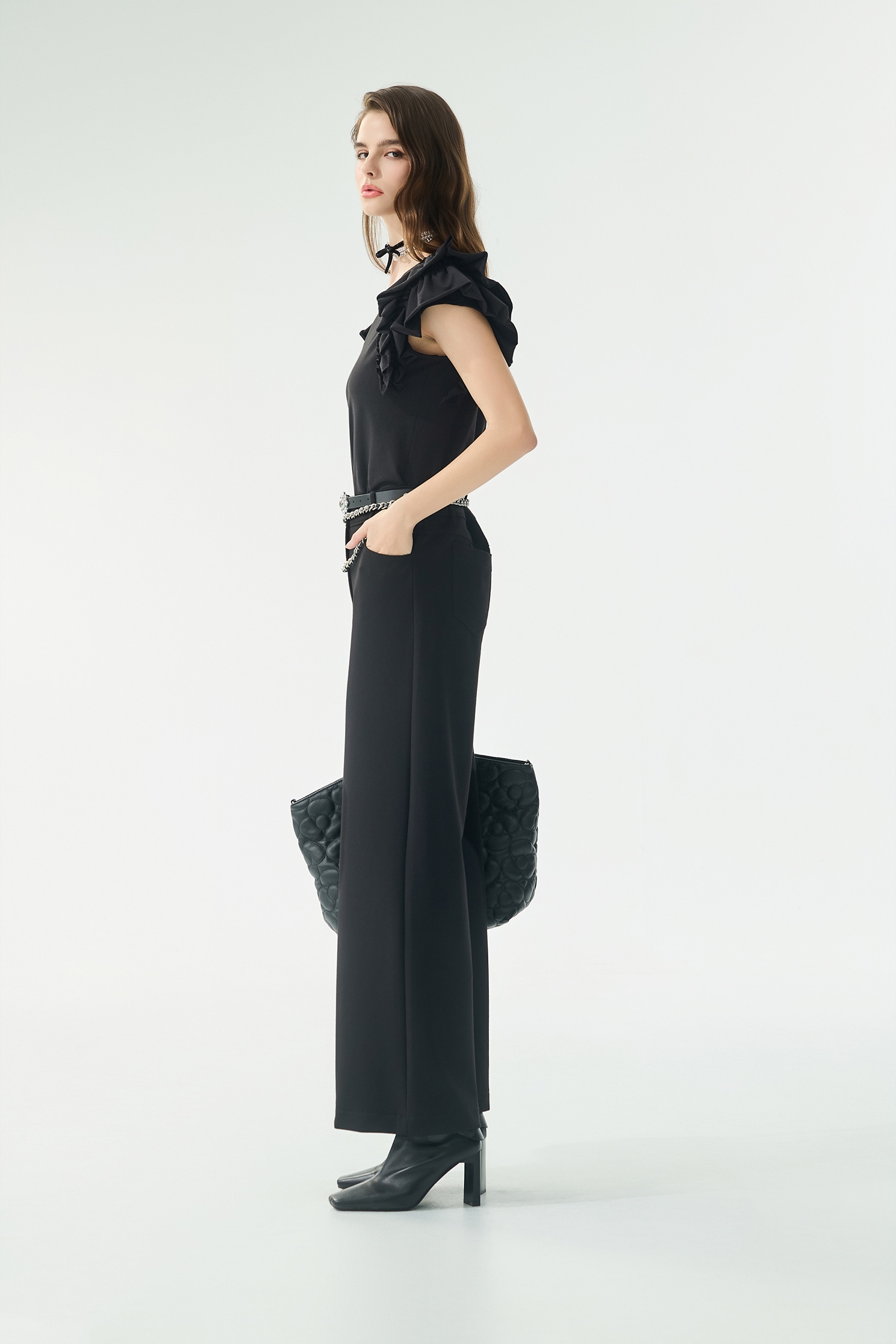 Ruffle Layered Sleeve V-neck TeeRuffle Layered Sleeve V-neck Tee,Tops,Season (AW) Look,Cotton,black tops