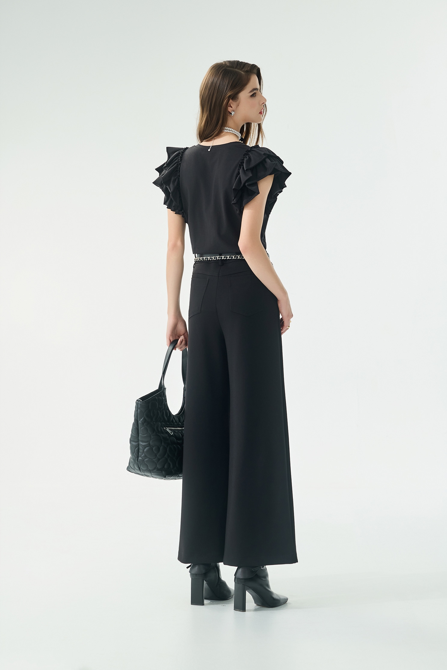 Ruffle Layered Sleeve V-neck TeeRuffle Layered Sleeve V-neck Tee,Tops,Season (AW) Look,Cotton,black tops