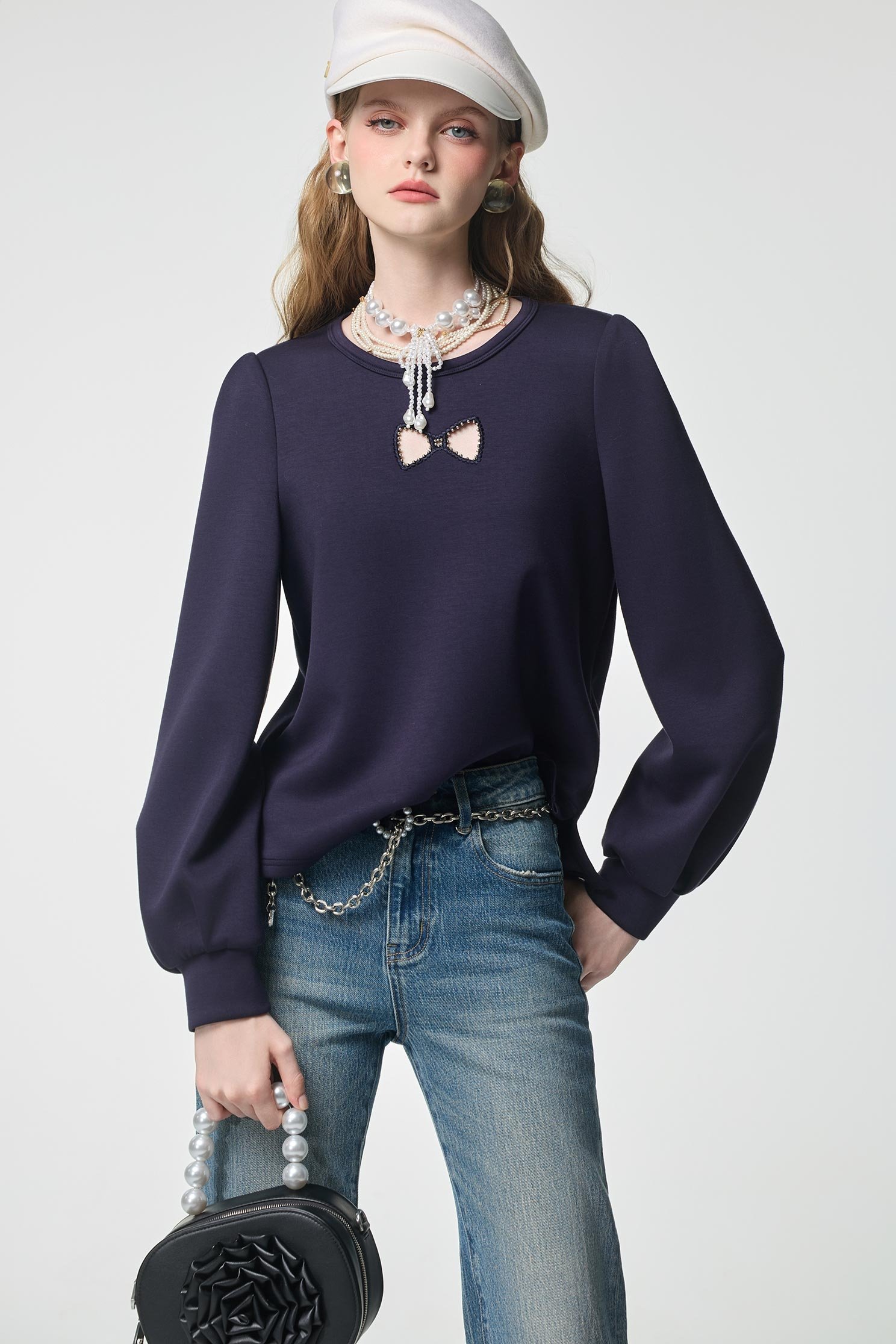 Hollow Out Bow Detail Navy TopHollow Out Bow Detail Navy Top,Tops,Embroidered,Season (AW) Look,bows