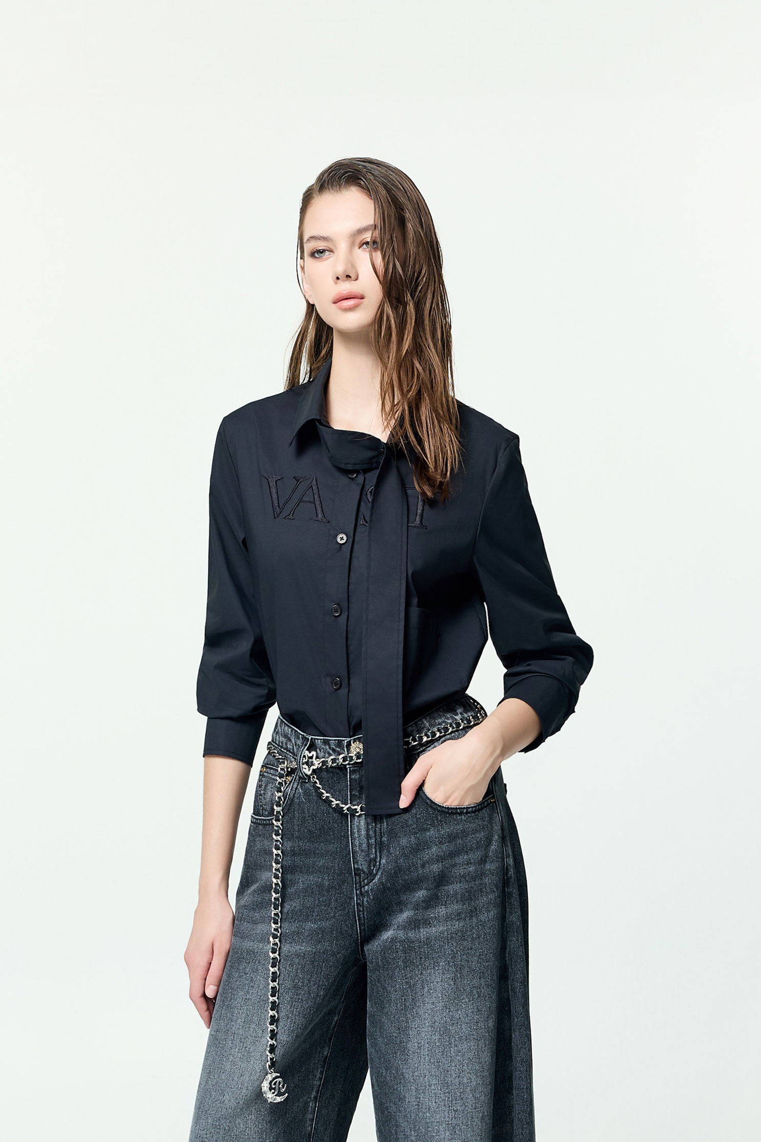 Stylish Necktie Long Sleeve BlouseStylish Necktie Long Sleeve Blouse,Tops,Embroidered,Season (AW) Look,black tops