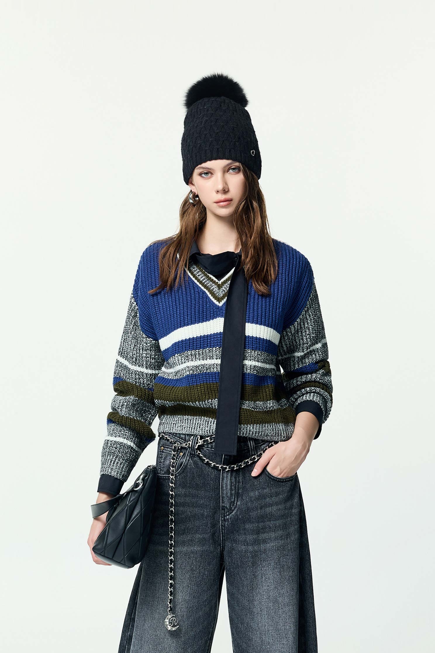 Grey With Blue Colour Block Knit TopGrey With Blue Colour Block Knit Top,Tops,Stripe,Season (AW) Look,Knitted,Knitted tops