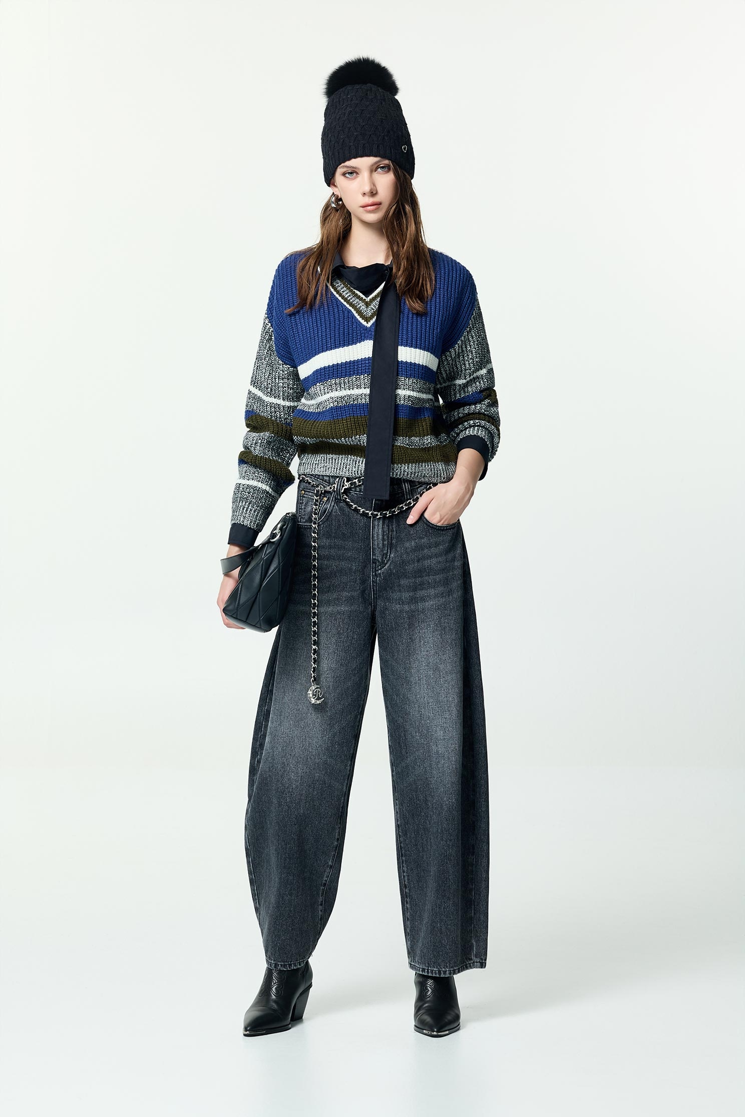 Grey With Blue Colour Block Knit TopGrey With Blue Colour Block Knit Top,Tops,Stripe,Season (AW) Look,Knitted,Knitted tops