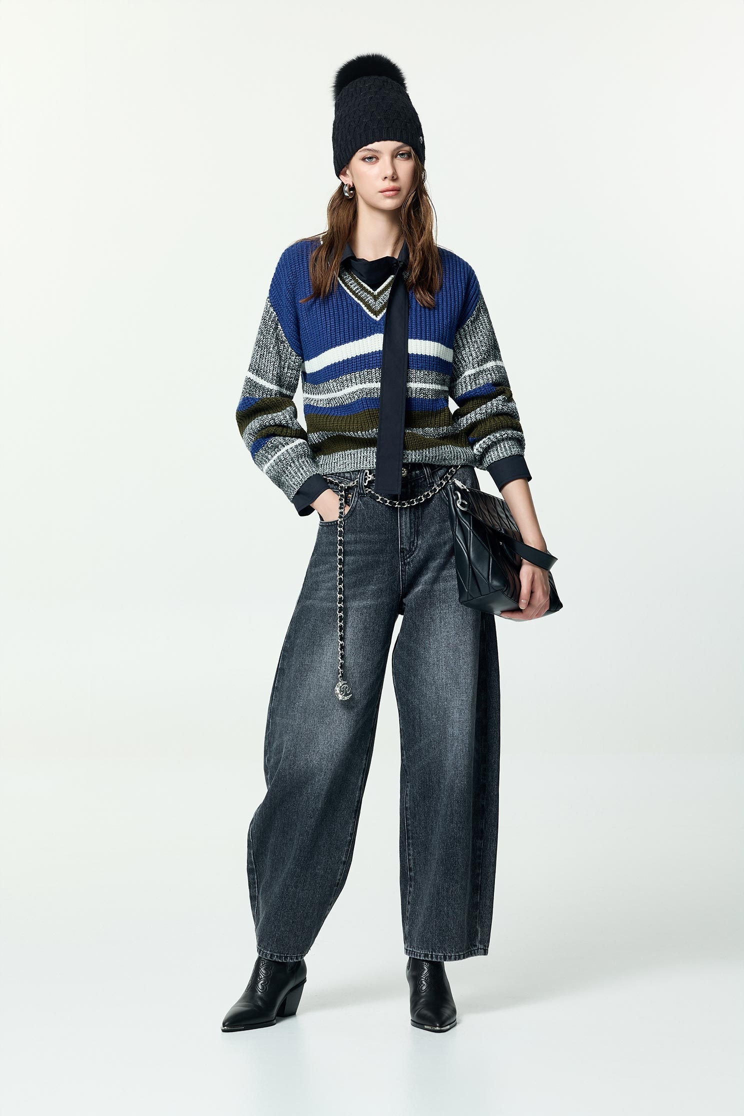 Grey With Blue Colour Block Knit TopGrey With Blue Colour Block Knit Top,Tops,Stripe,Season (AW) Look,Knitted,Knitted tops