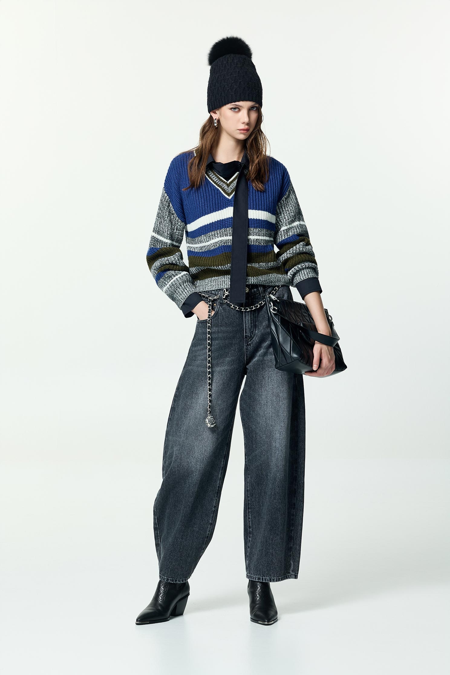 Grey With Blue Colour Block Knit TopGrey With Blue Colour Block Knit Top,Tops,Stripe,Season (AW) Look,Knitted,Knitted tops