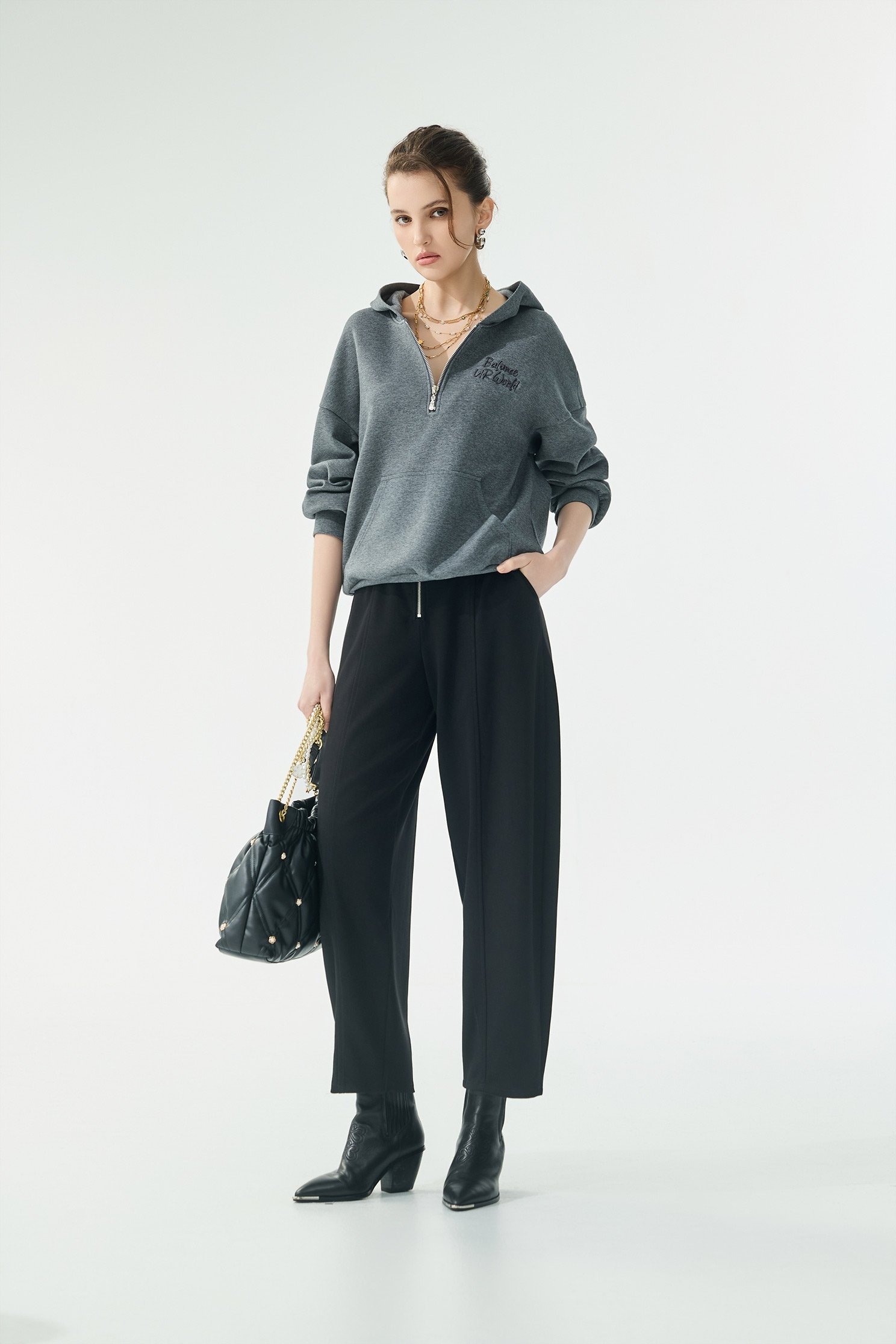 Grey Hoodie Long Sleeve TopGrey Hoodie Long Sleeve Top,Tops,Embroidered,Season (AW) Look