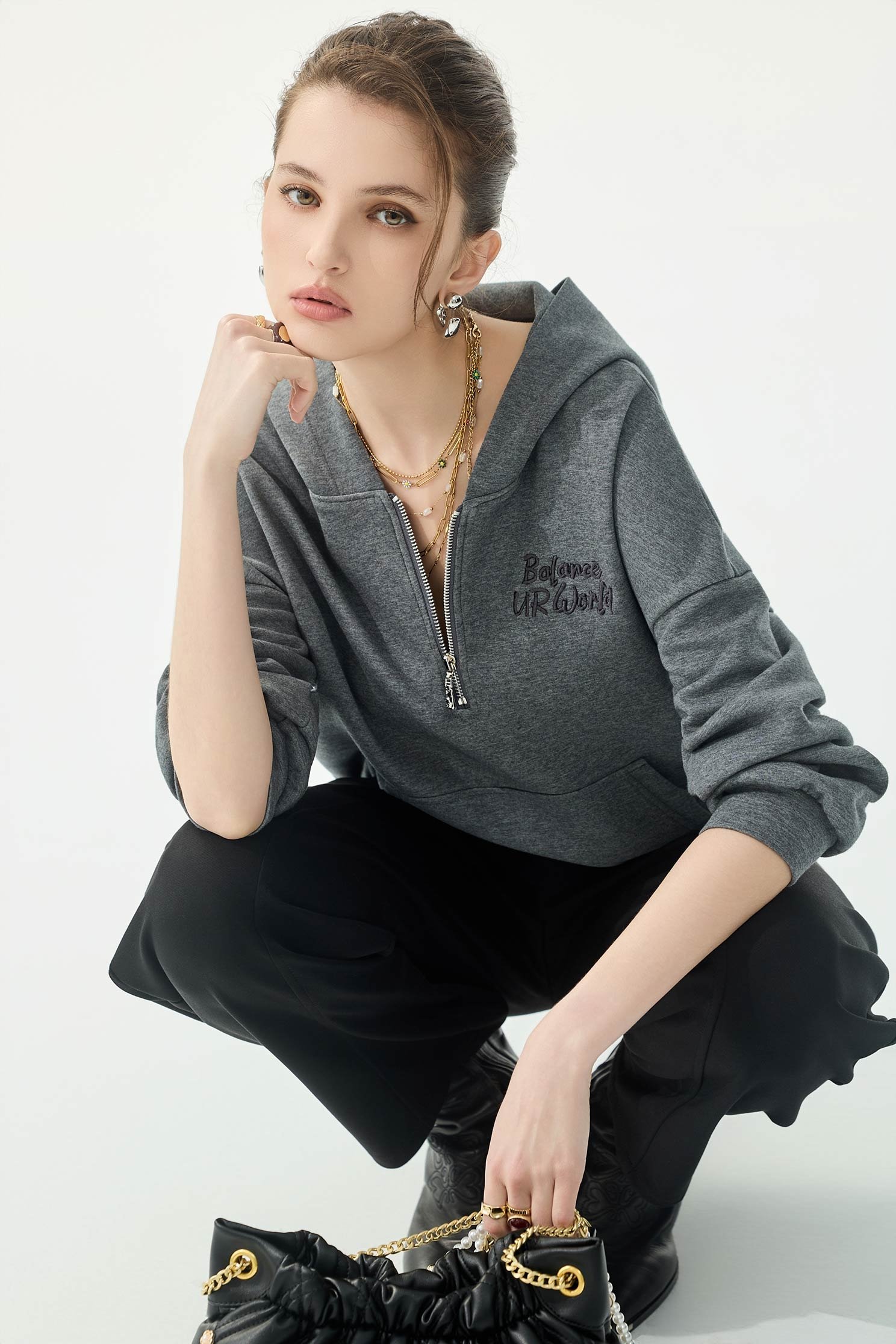 Grey Hoodie Long Sleeve TopGrey Hoodie Long Sleeve Top,Tops,Embroidered,Season (AW) Look