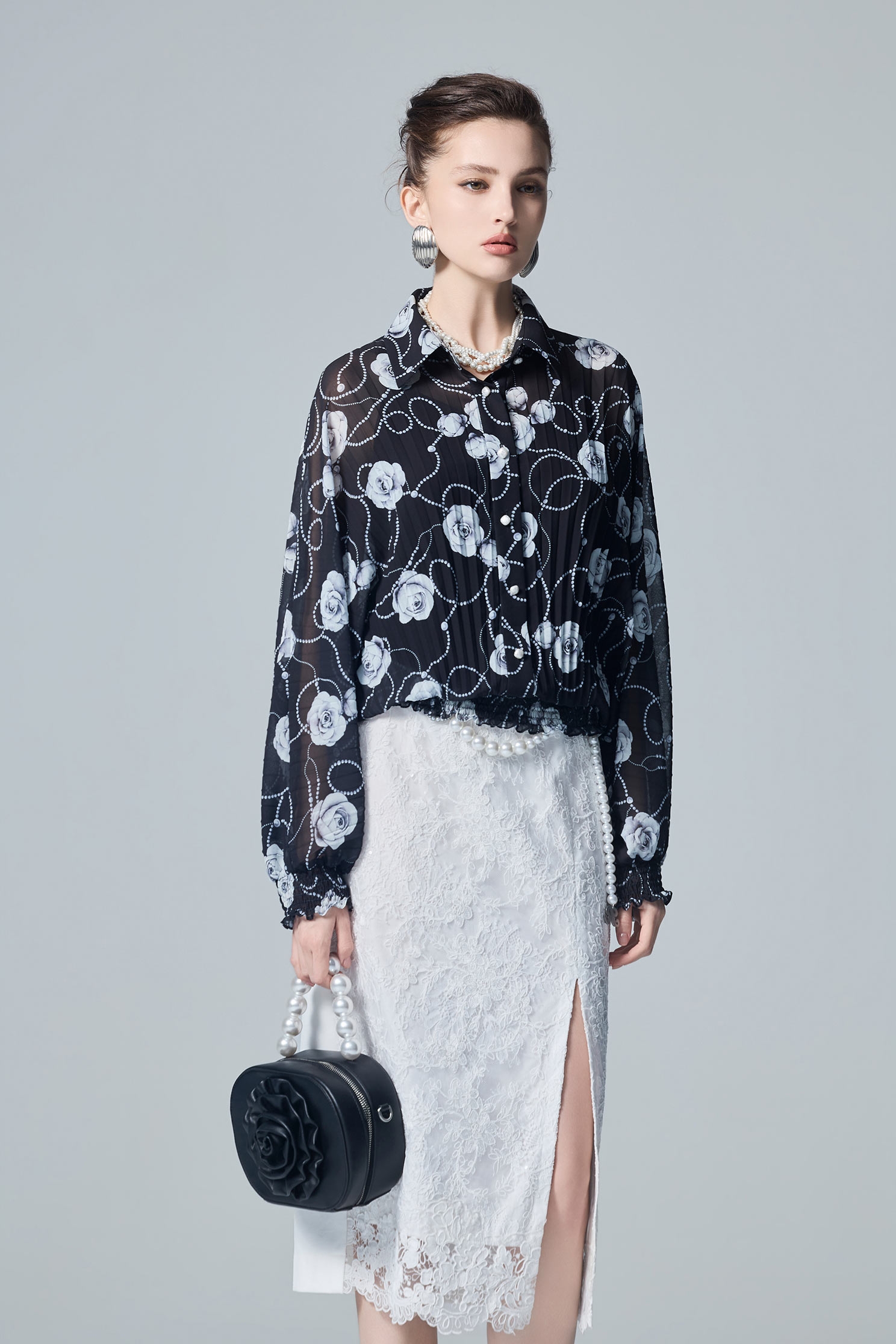 Rose Print Pleated Chiffon BlouseRose Print Pleated Chiffon Blouse,Tops,Season (AW) Look,Blouses,Chiffon